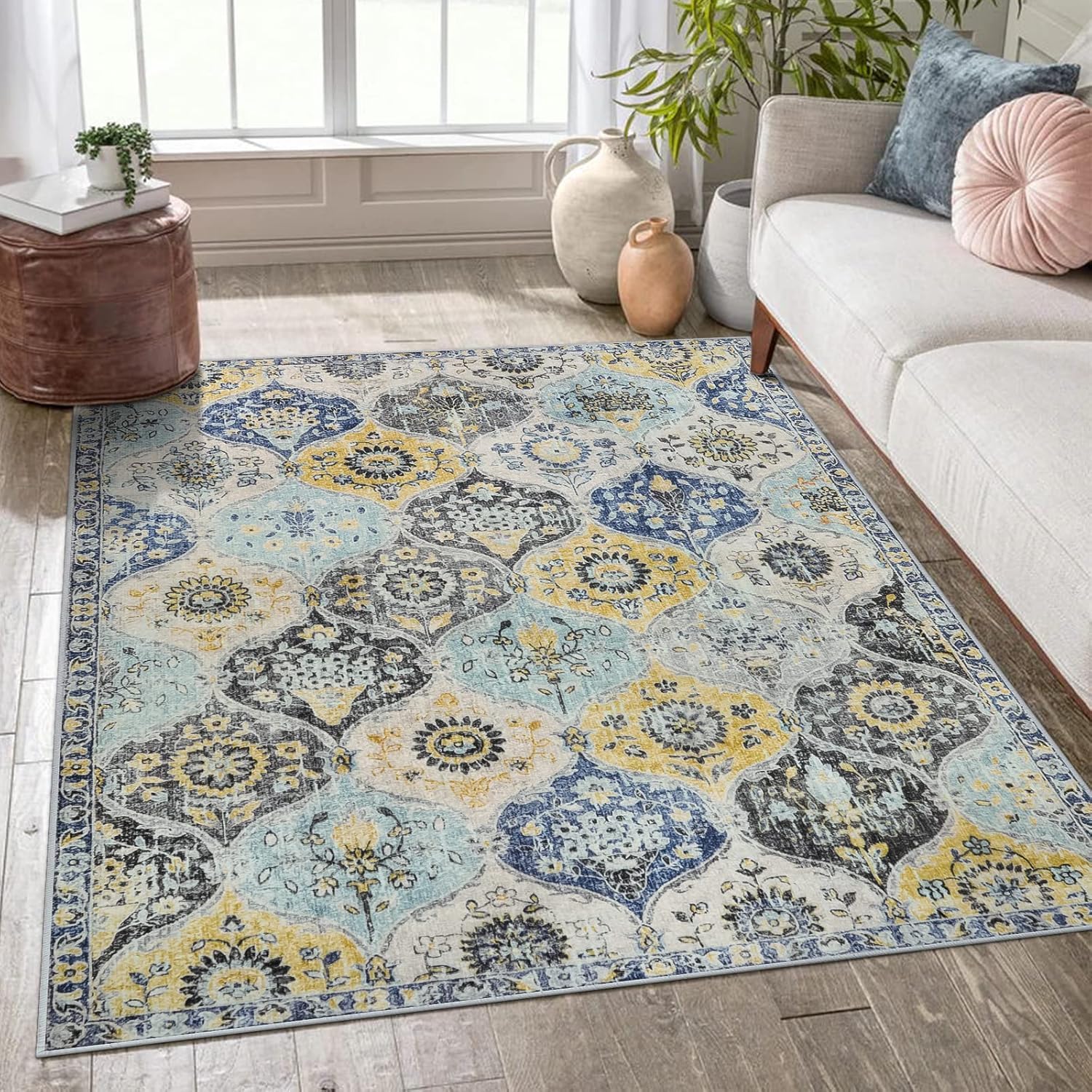 Grand tapis de salon floral vintage bleu et jaune pour sublimer votre salle à manger