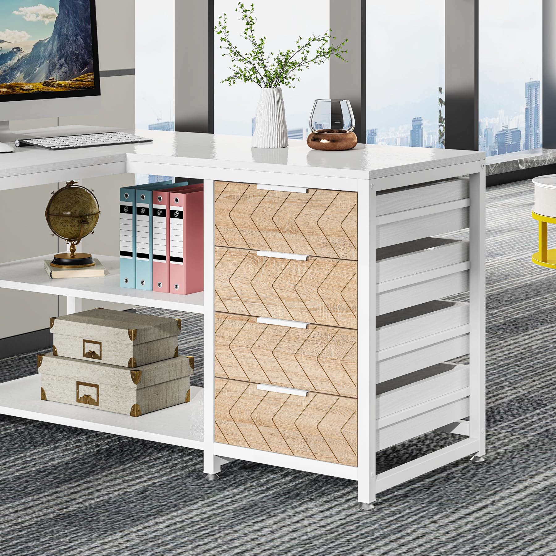 Tribesigns Schreibtisch mit 4 Schubladen, L-förmiger Computertisch mit 2 Ablagen, Reversible Eckschreibtisch für Büro,Arbeitszimmer, Wohnzimmer,155×110×75cm (weiß)