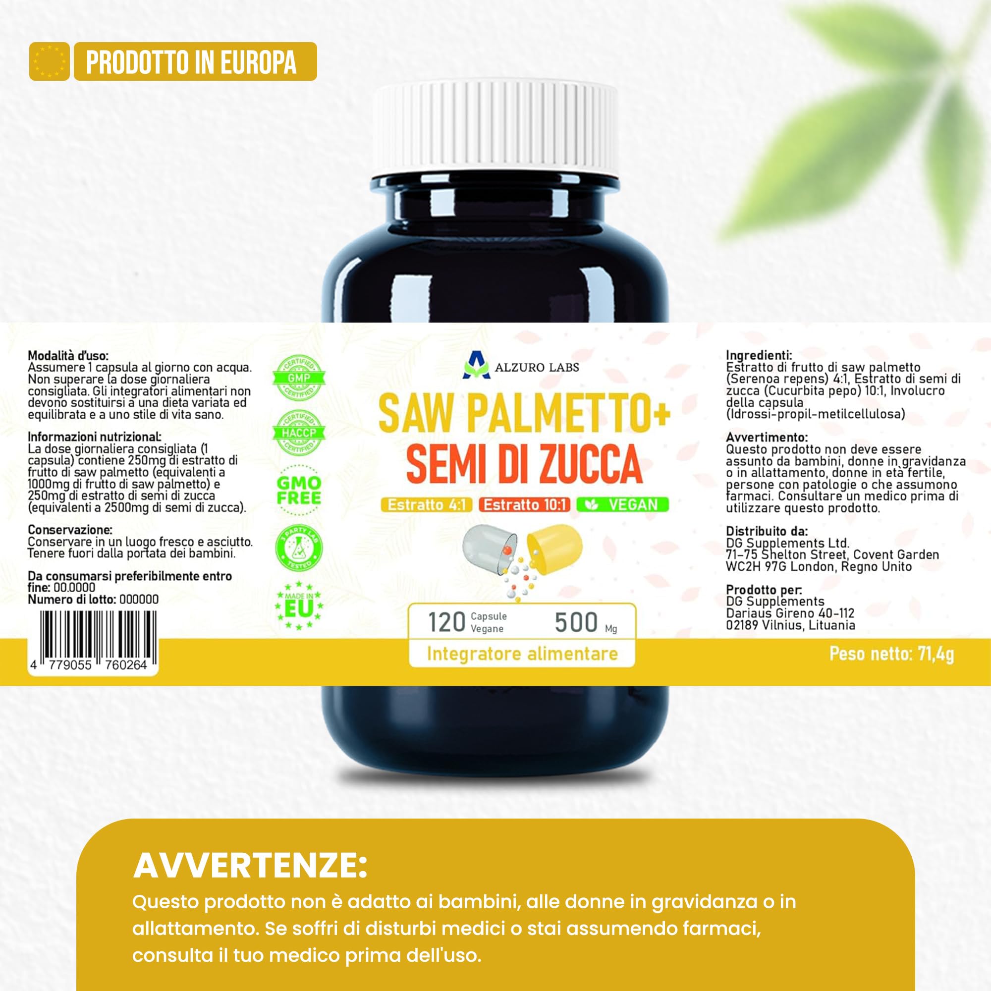Saw Palmetto e semi di Zucca | 500mg estratto (4:1 & 10:1) | 120 veg capsule | 4 Mesi | Cucurbita pepo | GMP & Testato da Laboratorio Indipendente