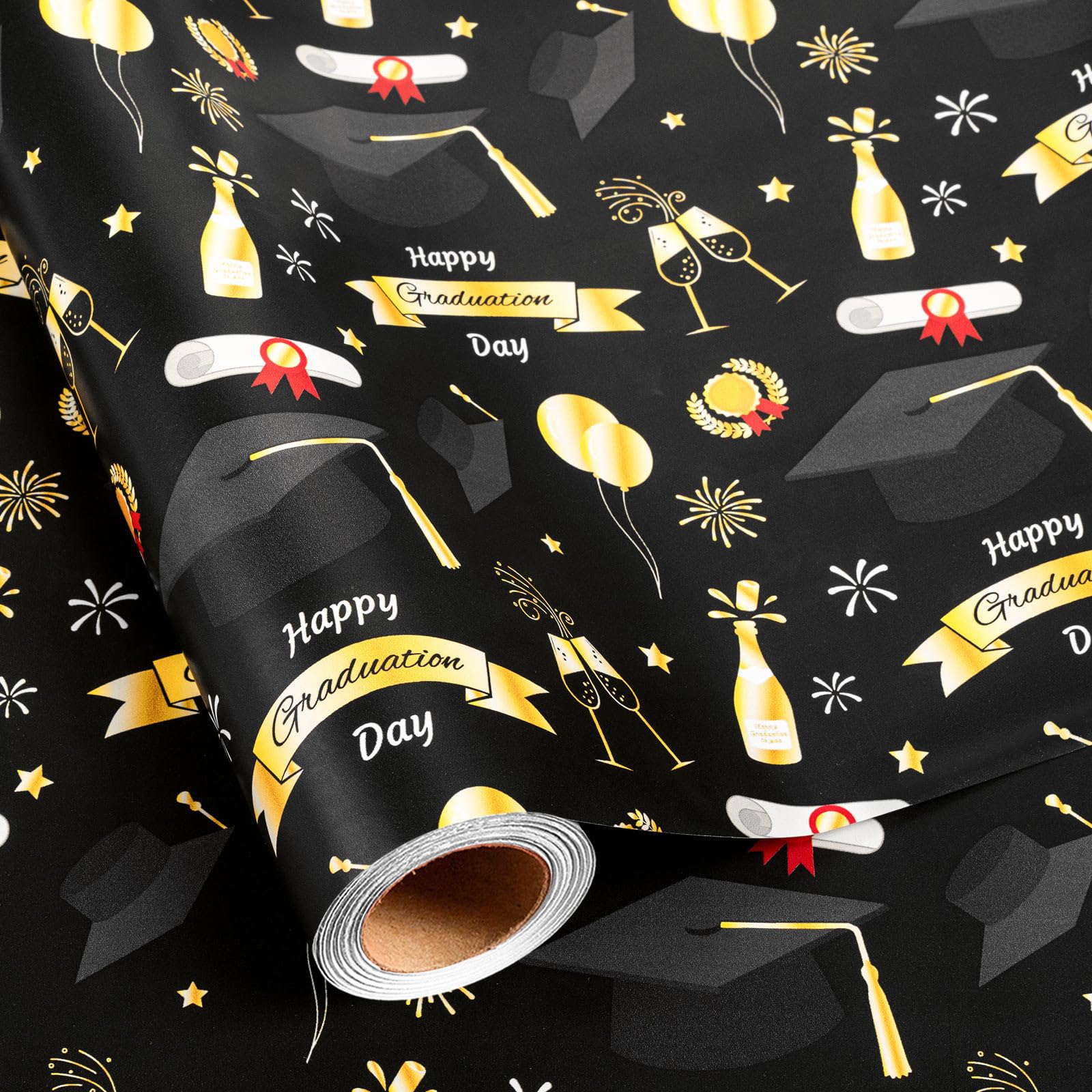 Yarcony Graduation Wrapping Paper Roll, Black and Gold Wrapping Paper, Elegant Graduation Cap & Diploma Gift Wrap for High School, College, University, Senior, Congratulations (Mini Roll, 17 In x 16.5
