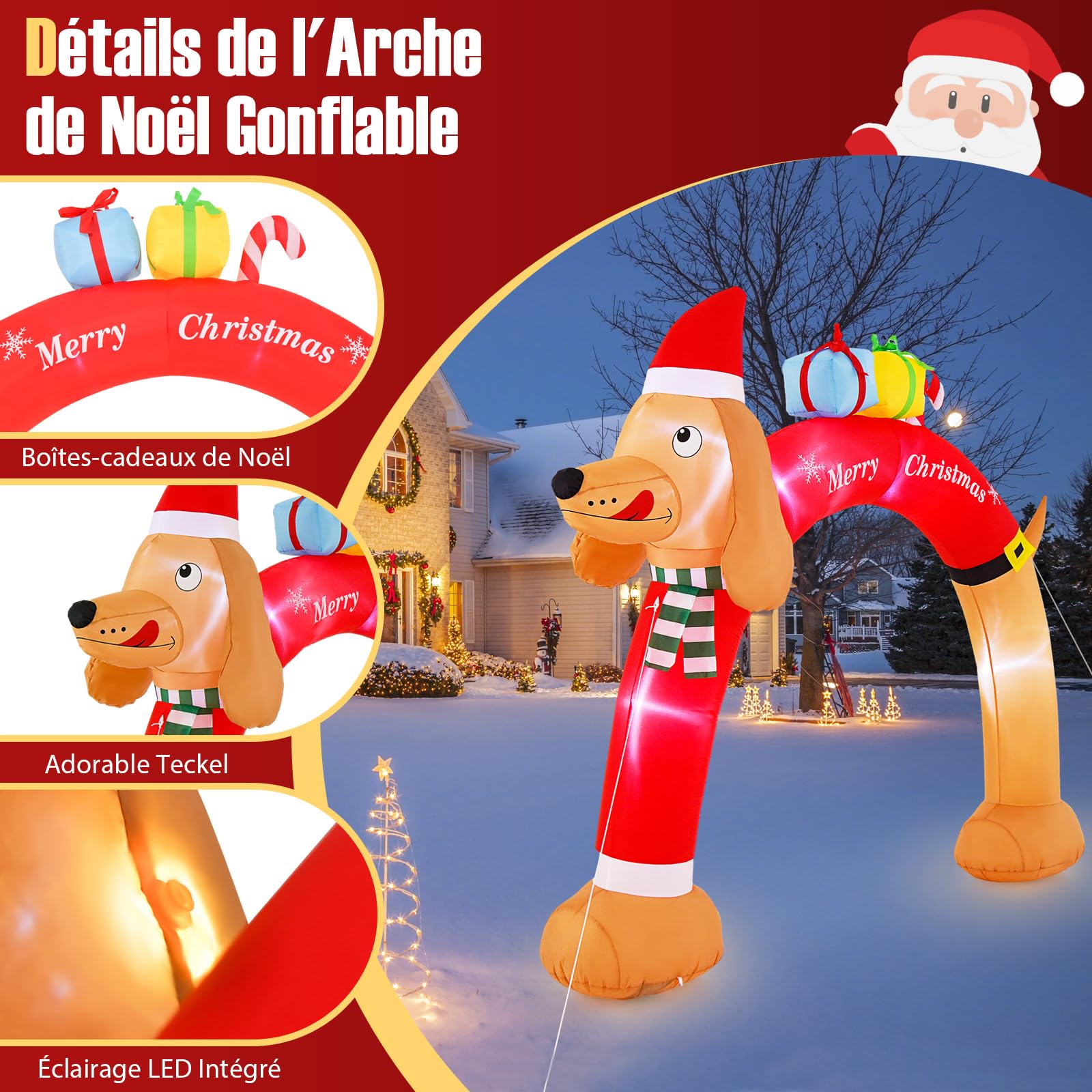 GYMAX Arche Gonflable de Noël Lumineux 242cm, Décoration de Noël Gonflable pour Extérieur Intérieur, Lumineux LED et Souffleur Intégrés, Cordes et Piquets, Décoration Festive