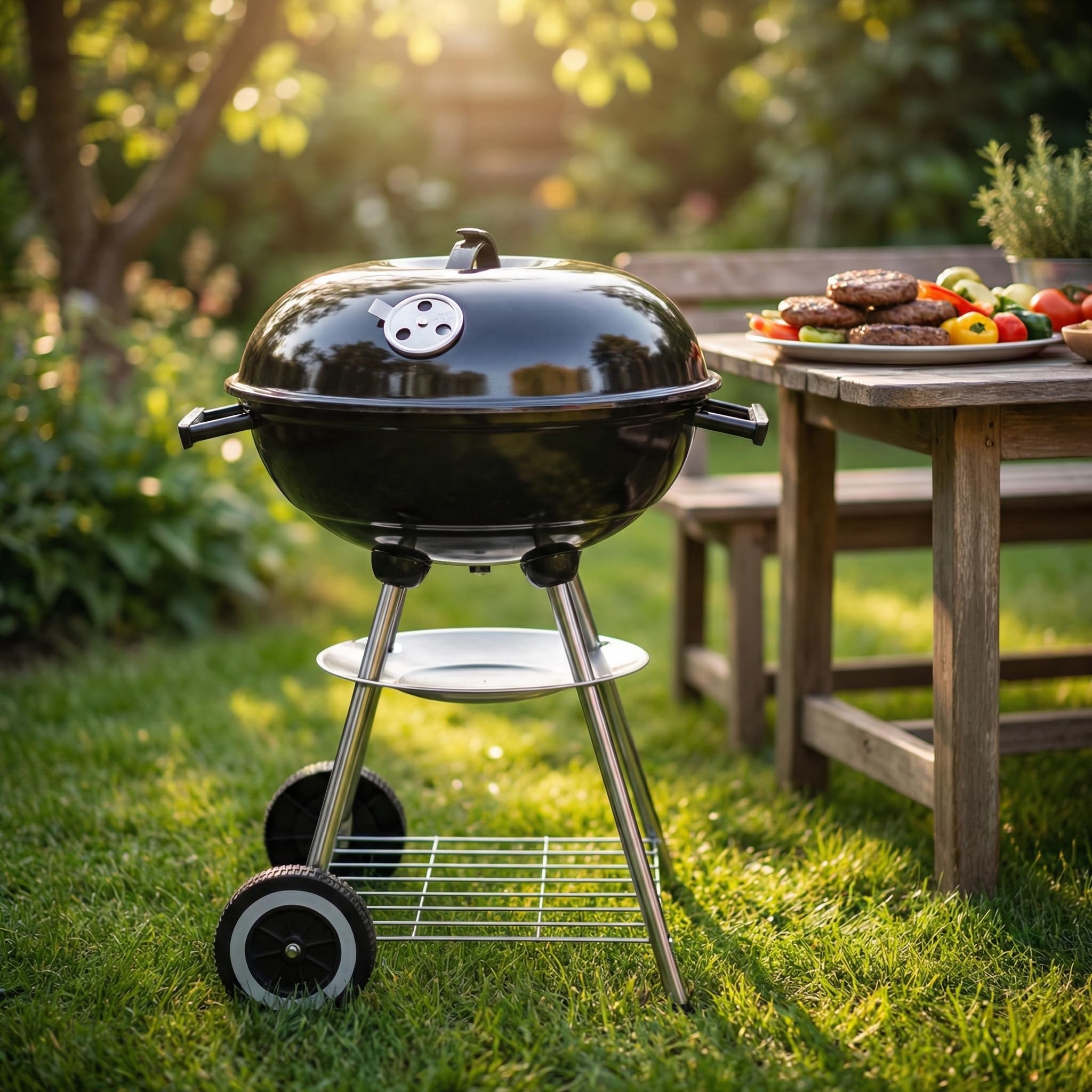 Barbecue Tondo Nero 48x72h cm Con Struttura In Acciaio e Coperchio - Giardino, Multifunzione, Terrazzo, Campeggio, Trasportabile, Griglia -BBQ con Ruote