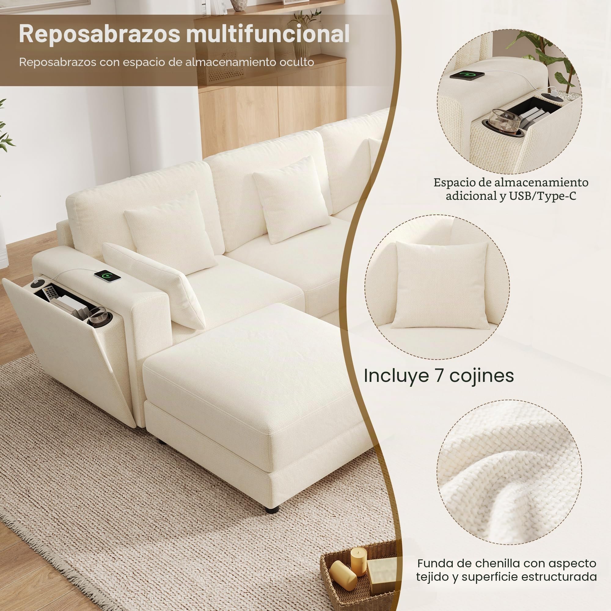 Sofá Modular en Esquina en Forma de L/U, 6 Plazas, Chenilla Gris, con Ottoman, Puertos USB y Tipo C, Portavasos, 215x215x82 cm (Beige + Chenille + 6 Seat)