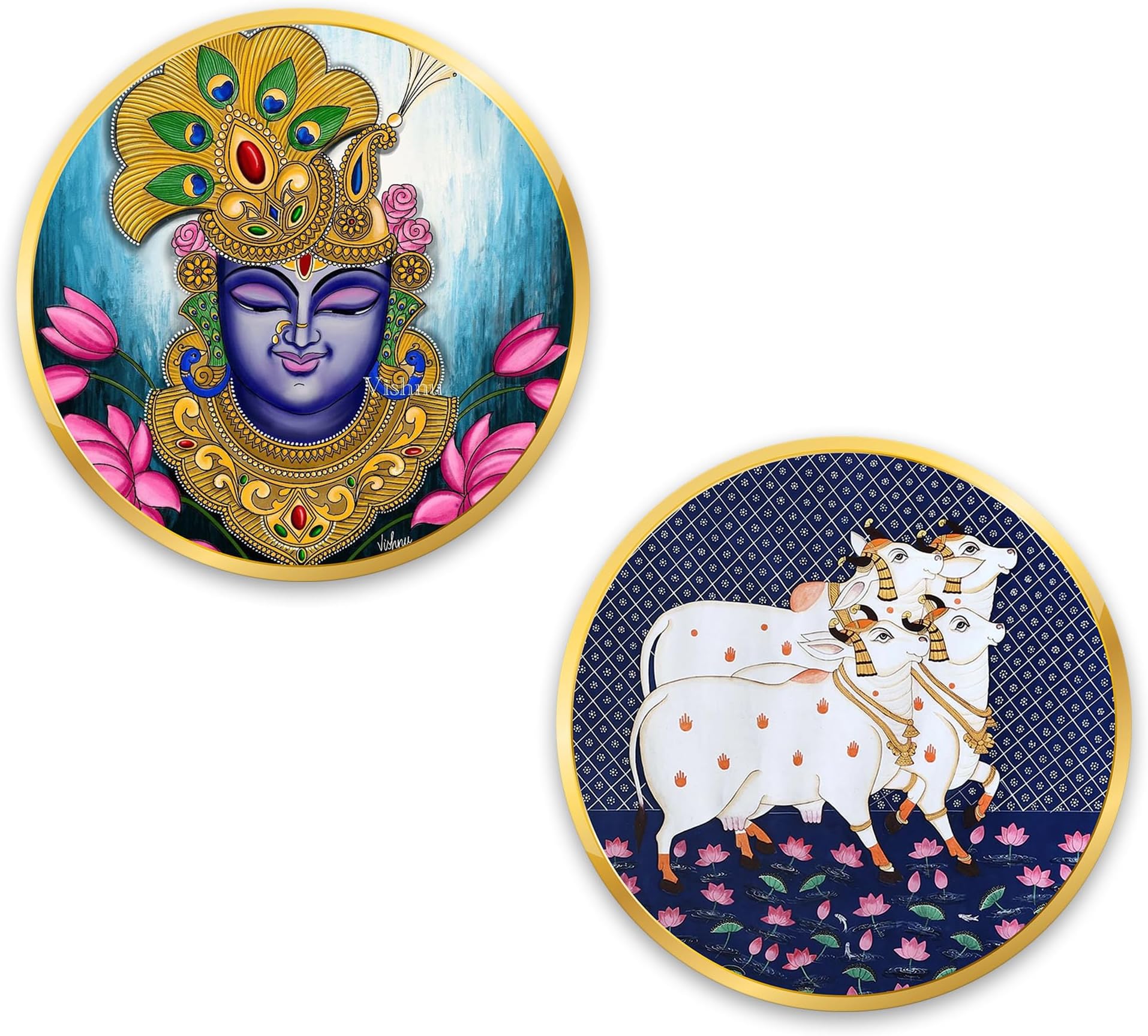 Artvibes Shrinath Ji & Cow Pichwai Art Round Shape MDF Wooden Wall Decor Items | Living Room | Handcrafted Art | Wall Illustrations | Art Prints | Aesthetic Wall Art | Ideal Gifts (WH_8807N), Set of 2