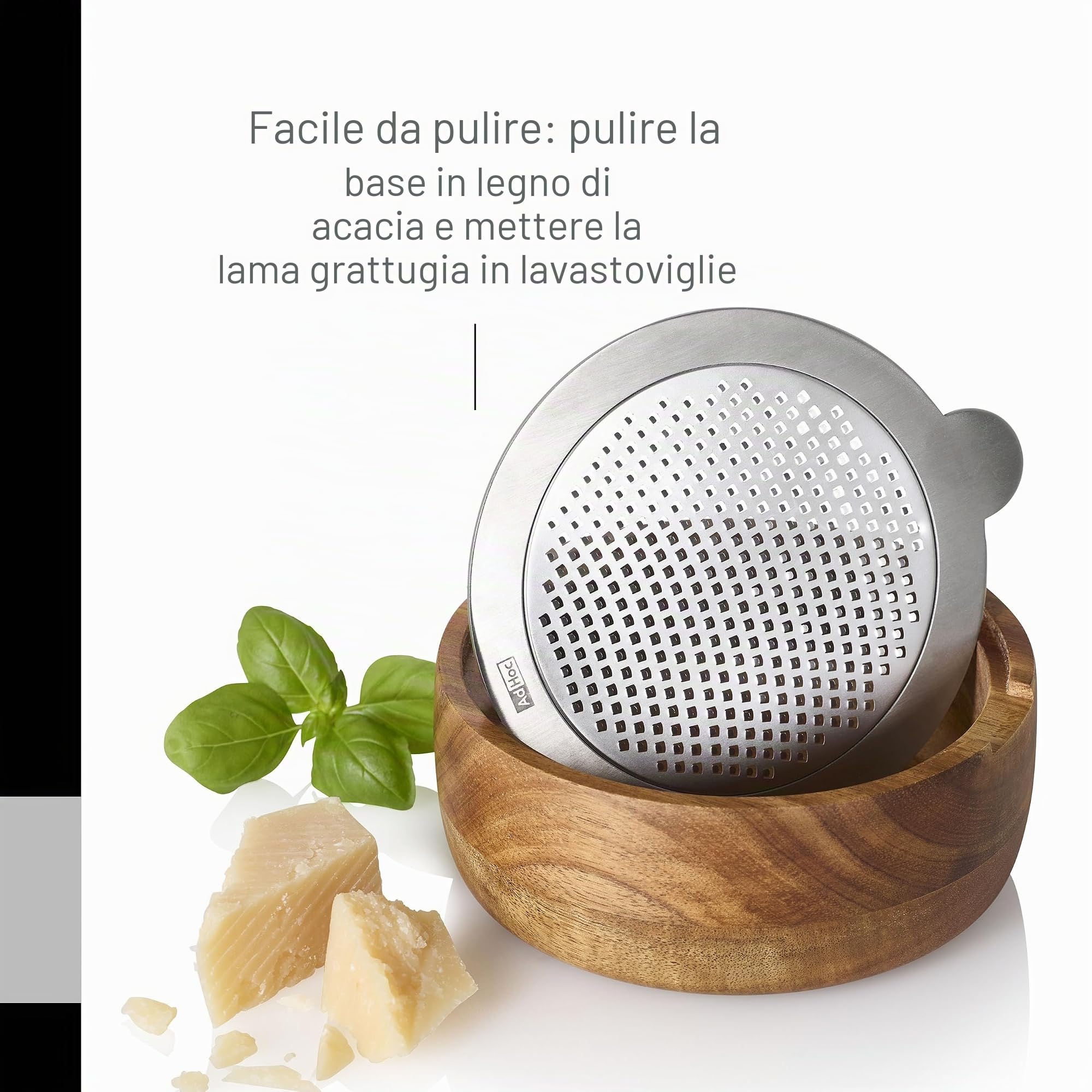 AdHoc GG30 - Grattugia fine CutnServe, con contenitore di raccolta, acciaio inox, legno di acacia