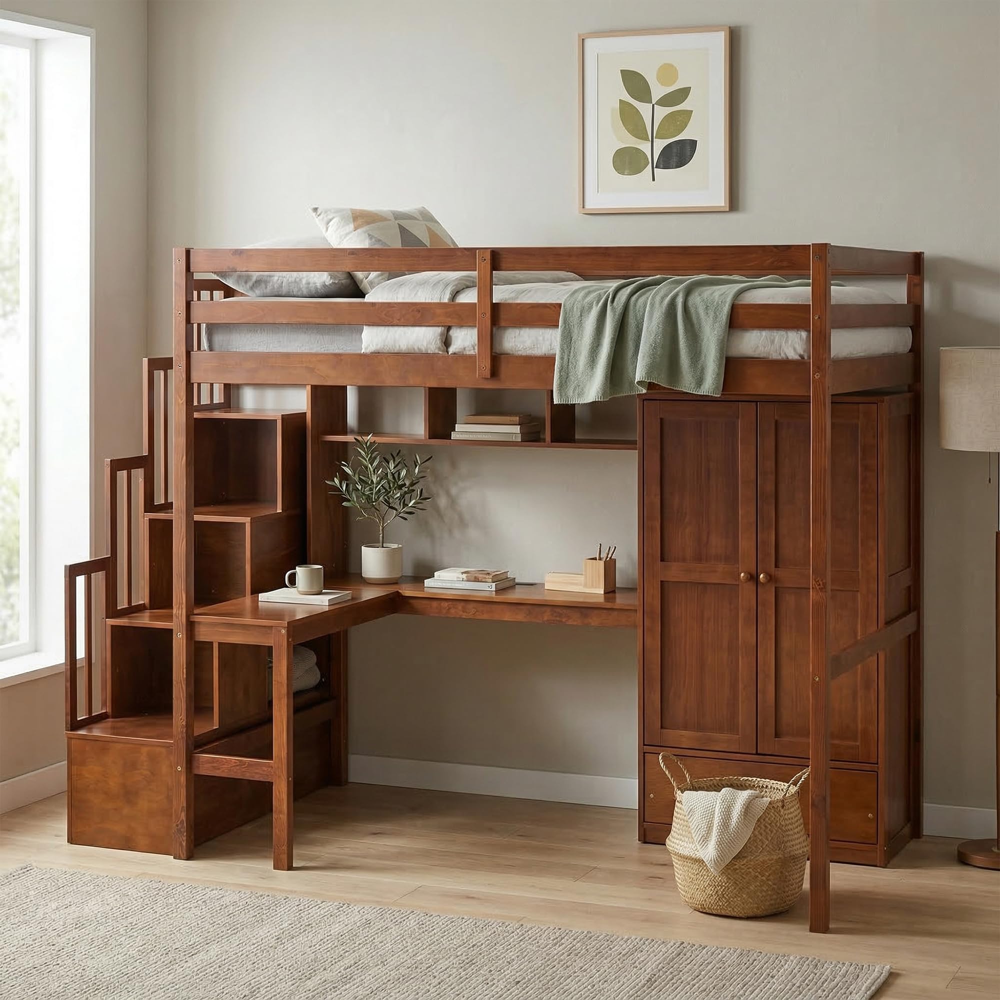 VECELO Full Size Wood Loft Bed with Desk and Wardrobe in Walnut