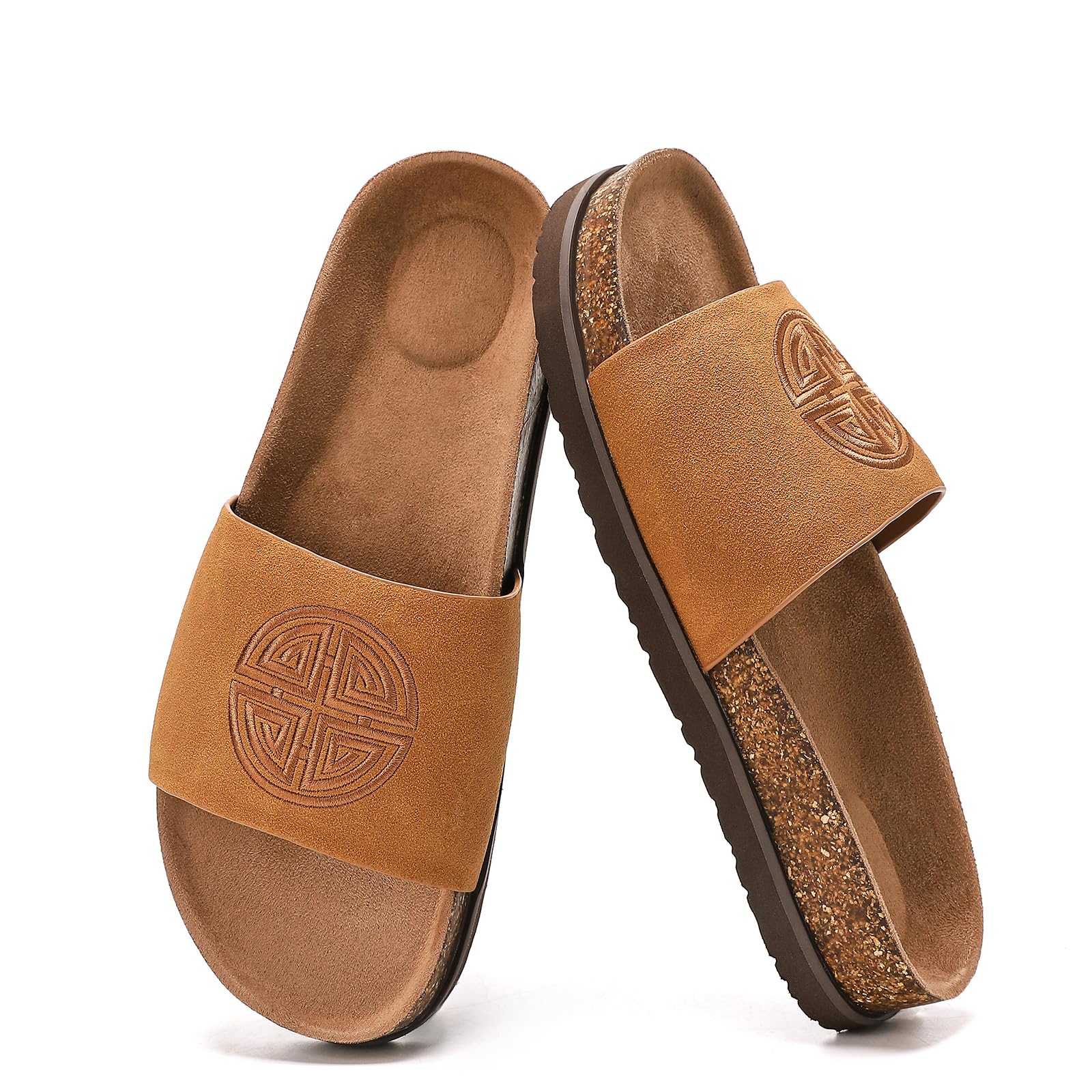 Bodantory Women's Suede Slide Sandals with Arch Support,Cork Comfortable Summer Flat Sandals for Women 2025 Beach Vacation Shoes,Cute Dressy Sandals