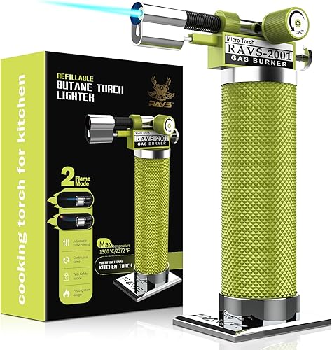 Miniatura 9 de RAVS Antorcha de butano con modo de llama doble, soplete de cocina recargable, soplete con bloqueo de seguridad y llama ajustable, soplete de