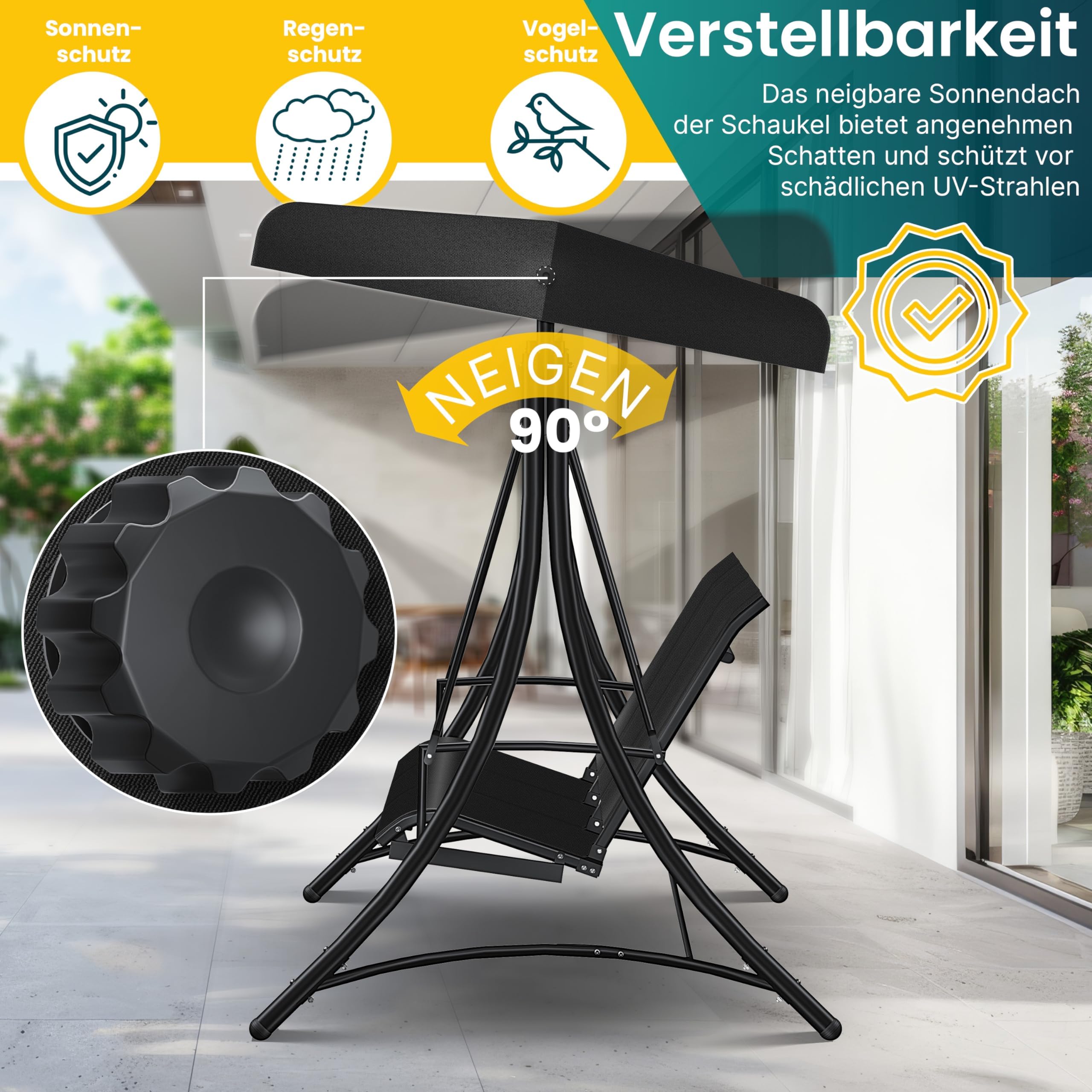 KESSER® Dondolo Hollywood con tettuccio parasole, 3 posti, portata fino a 300 kg, sdraio da giardino con piedini antiscivolo, panca a dondolo impermeabile per esterni e interni (nero)