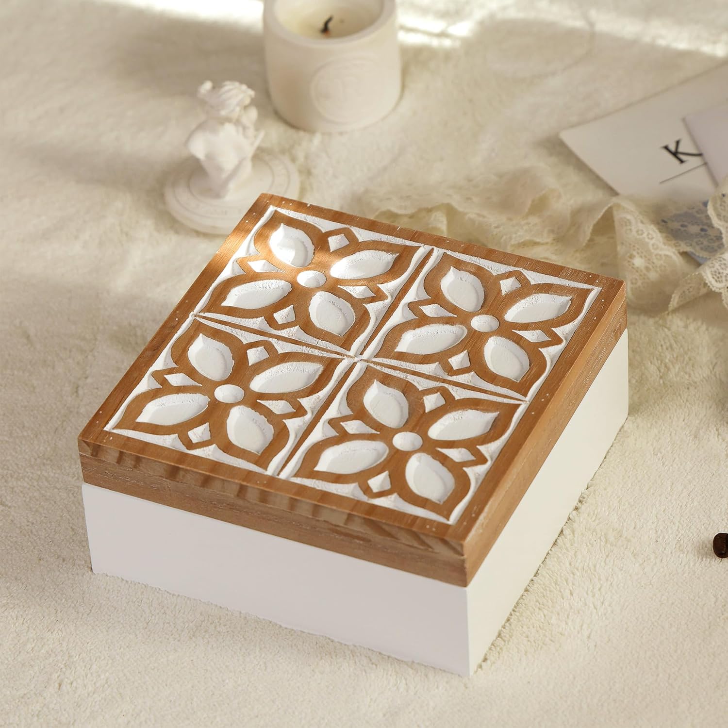 Small Wooden Keepsake Box - Decorative Handmade Rustic Trinket Boxes with Hinged Lid, Flower Carved Design, 7.1" x 7.1" x 3.2" - Image 2