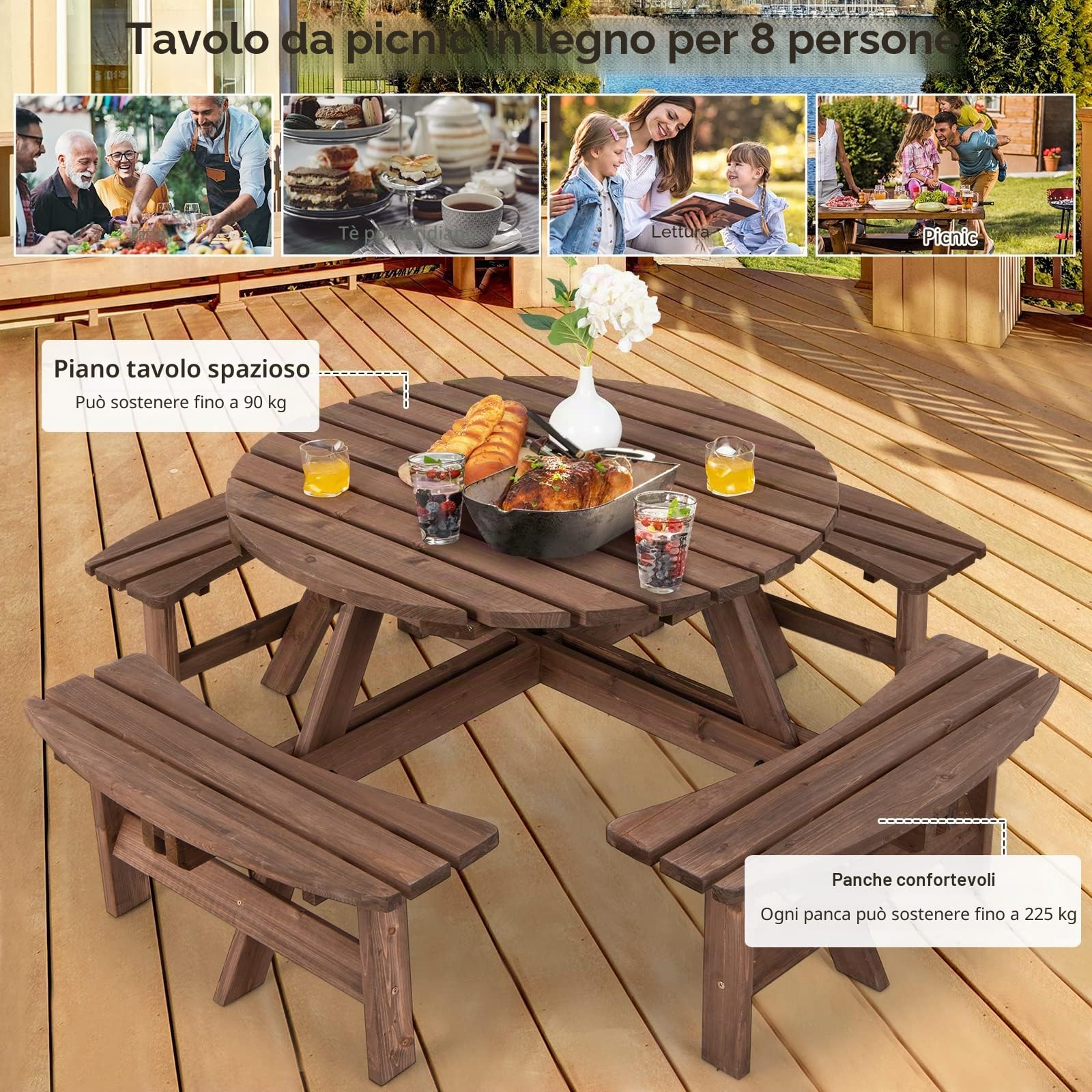 GIANTEX Set di Tavolo e Panche Da Esterno Rontondo in Legno, Set di Mobili da Giardino per 8 Persone con Foro per Ombrellone, Resistente alle Intemperie, 178x178x70 cm