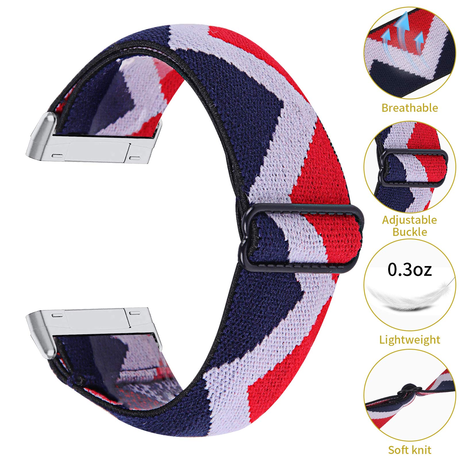 TRISTRAPS Nylon Watch Strap Compatible with Fitbit Versa 3/Sense Strap,Soft Elastic Breathable Replacement Sport Wristbands for Men/Women,18 Colours for Chosen (Blue+white+red stripes) - Image 4
