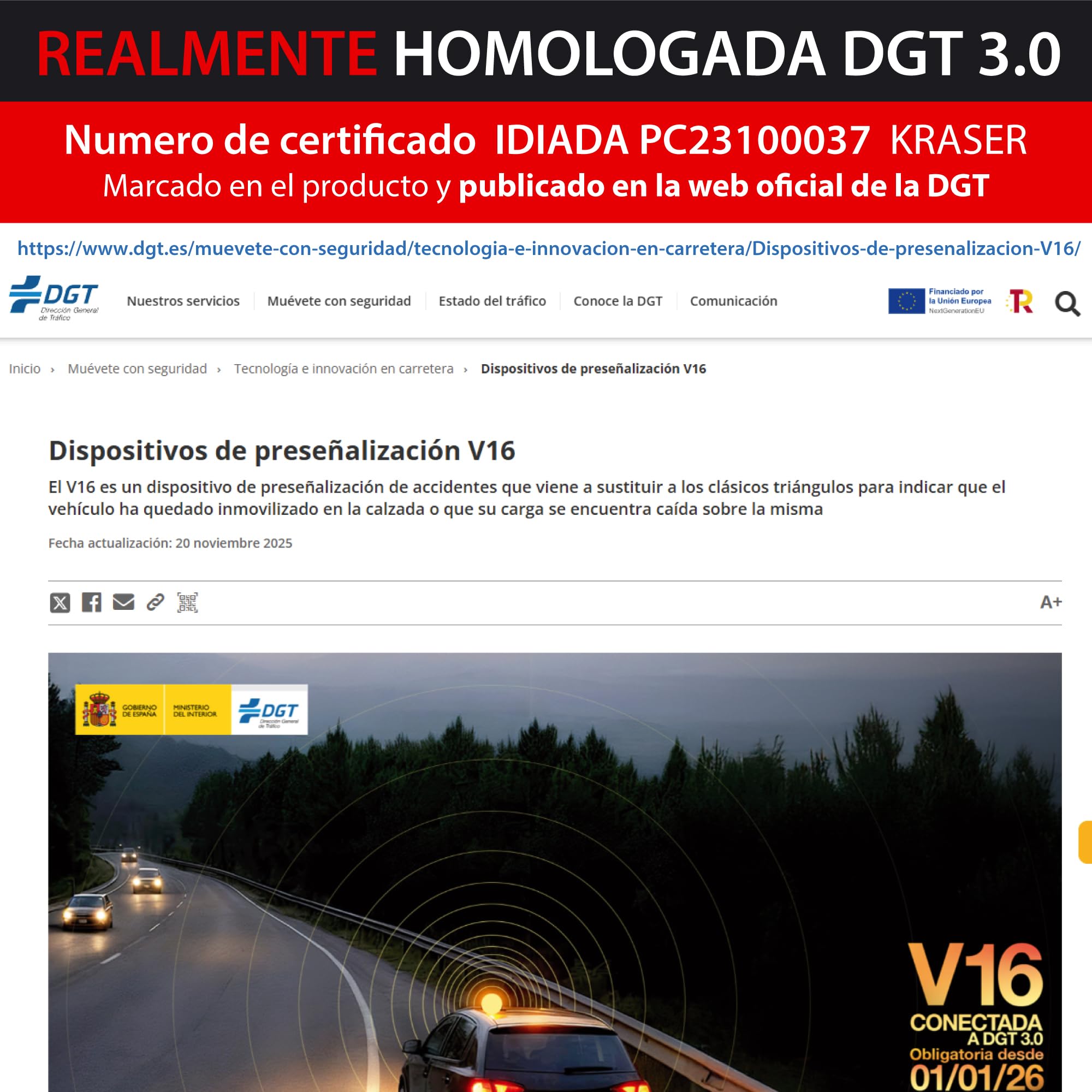 KRASER KRV16IOT Baliza V16 Homologada DGT más Visible y Segura, Geolocalizador Avanzado 3.0, Luz Emergencia Coche Obligatoria en 2026, SIM y Datos Incluidos Telefonica, Potente Base Magnetica LED 360º