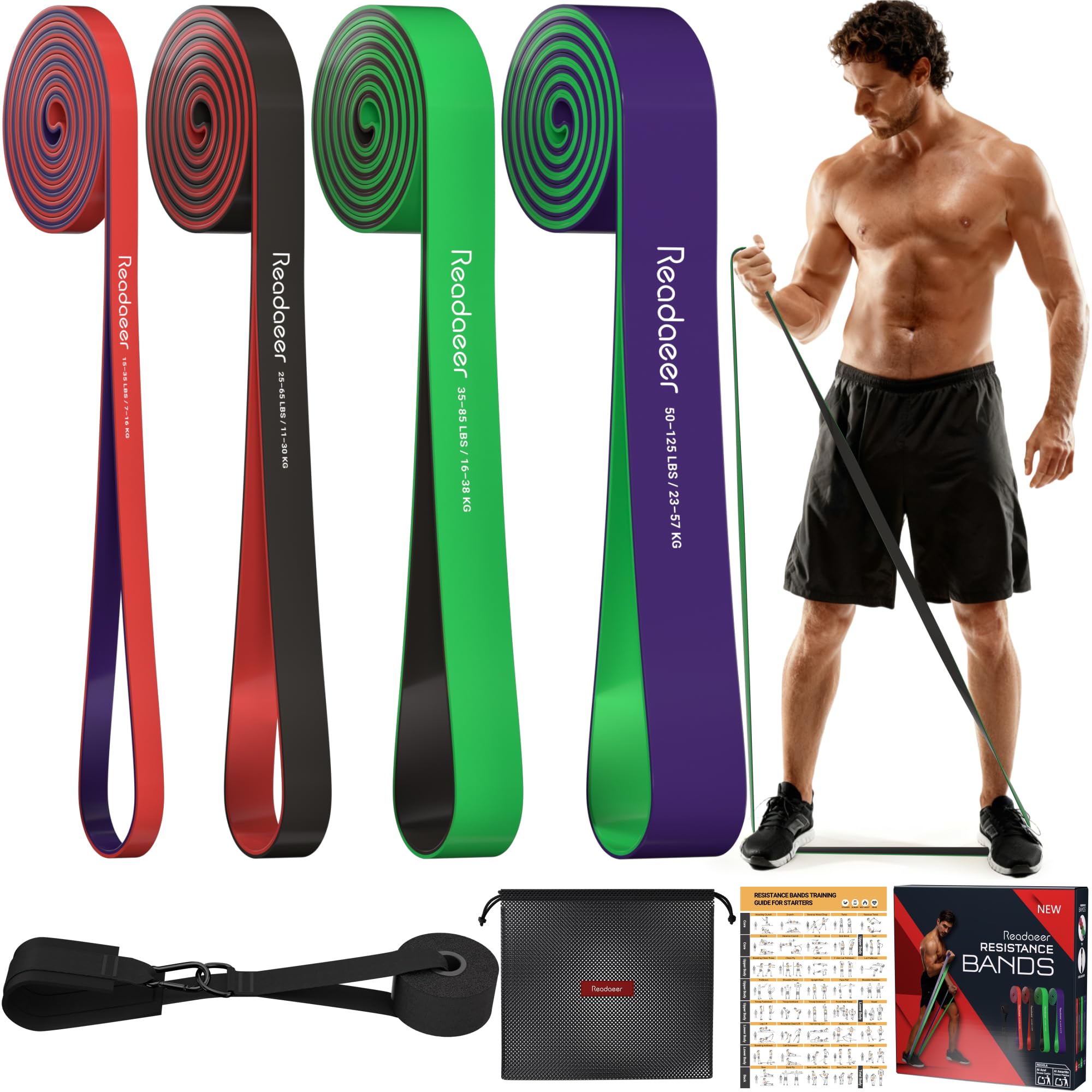 4 Stück Fitnessbänder mit Türanker & Aufbewahrungstasche, Zweiseitig Zweifarbig für Zuhause, Krafttraining, Physiotherapie, Geschenk für Frau & Mann