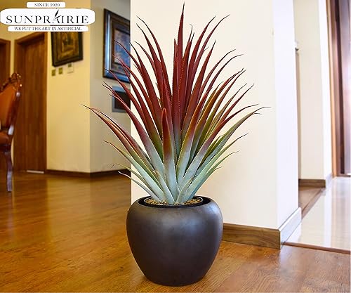 Miniatura 5 de SUNPRAIRIE Planta artificial de aloe vera roja grande hiperrealista de 26 pulgadas de alto. Agave artificial grande en maceta negra mate.