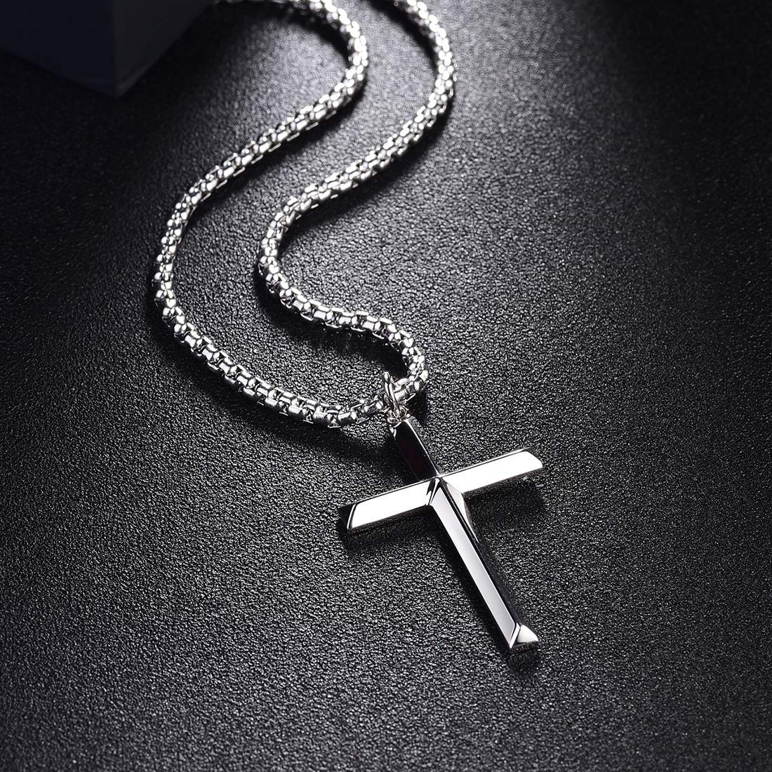 FANCIME Collar con Colgante de Cruz para Hombre Niños de Plata de Ley 925 Chapada Oro Blanco con Cadena de Acero Inoxidable - Longitud Cadena: 61 cm