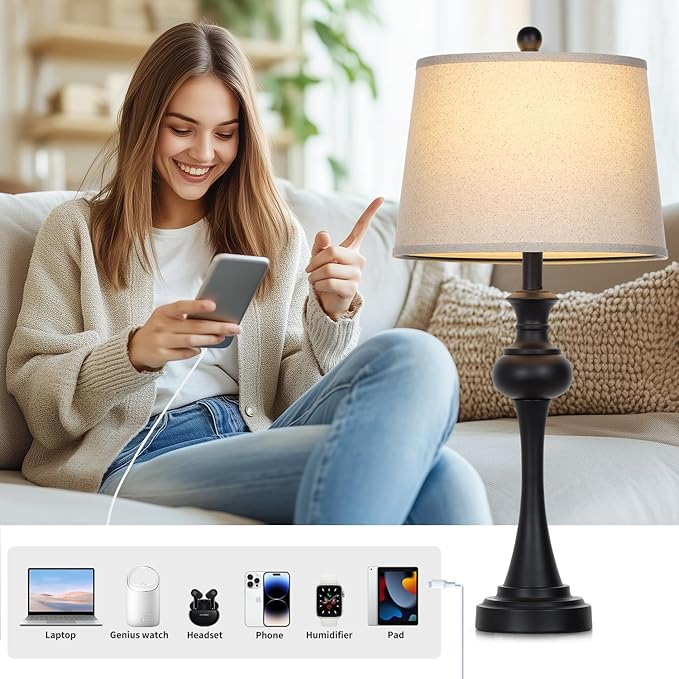 Cinyirong 28.75 " 3-Way Touch Control Modern Table Lamp Set of 2 for Living Room , Bedside Lamp with USB A+C Ports, Mid Century Black Table Lamps, Nightstand Lamps Set ,Beige Fabric Shade Vintage Accent Style photo 6