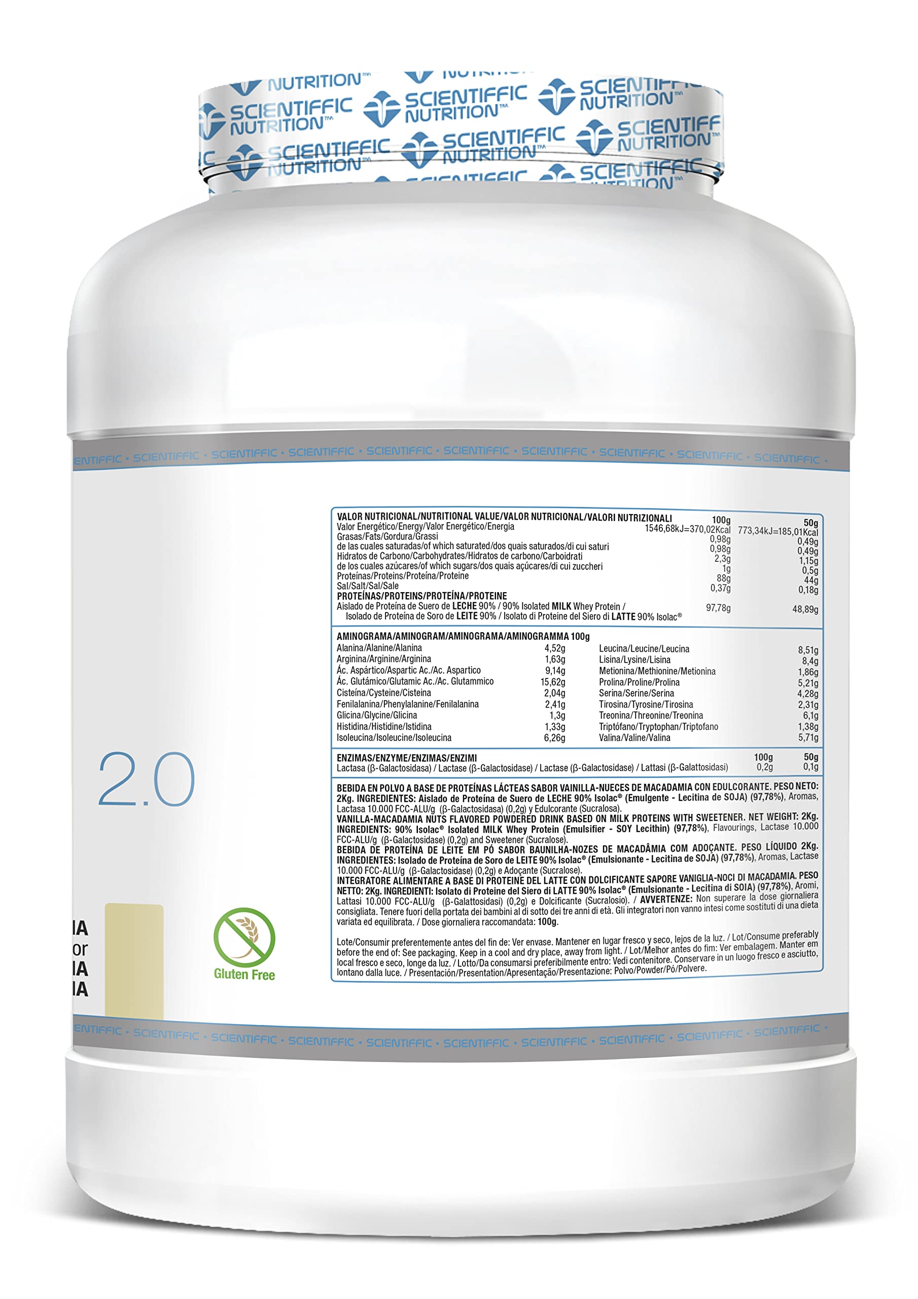 Scientiffic Nutrition - Isolat 2.0, Whey Protein, Suplemento de Proteina Aislada ISO con Lactasa, Proteina de Suero de Leche en Polvo - 2Kg, Vainilla y Nueces de Macadamia.