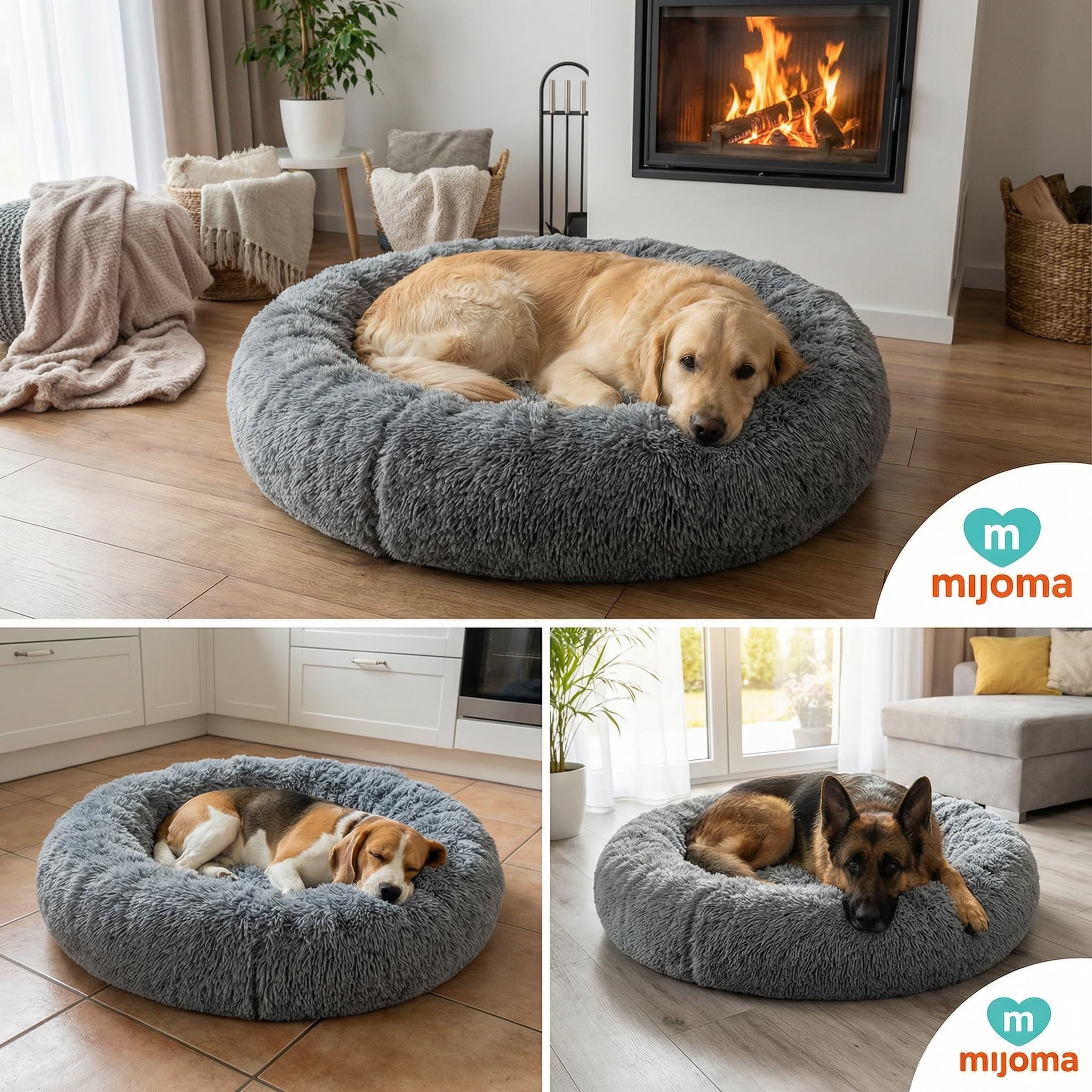 MIJOMA Flauschiges Hundebett rund grau mit Anti-Rutsch Unterseite – Beruhigendes Hundekissen für kleine mittelgroße & große Hunde – Hundekorb aus Plüsch zur Entspannung (Größe L – Ø 100 cm)