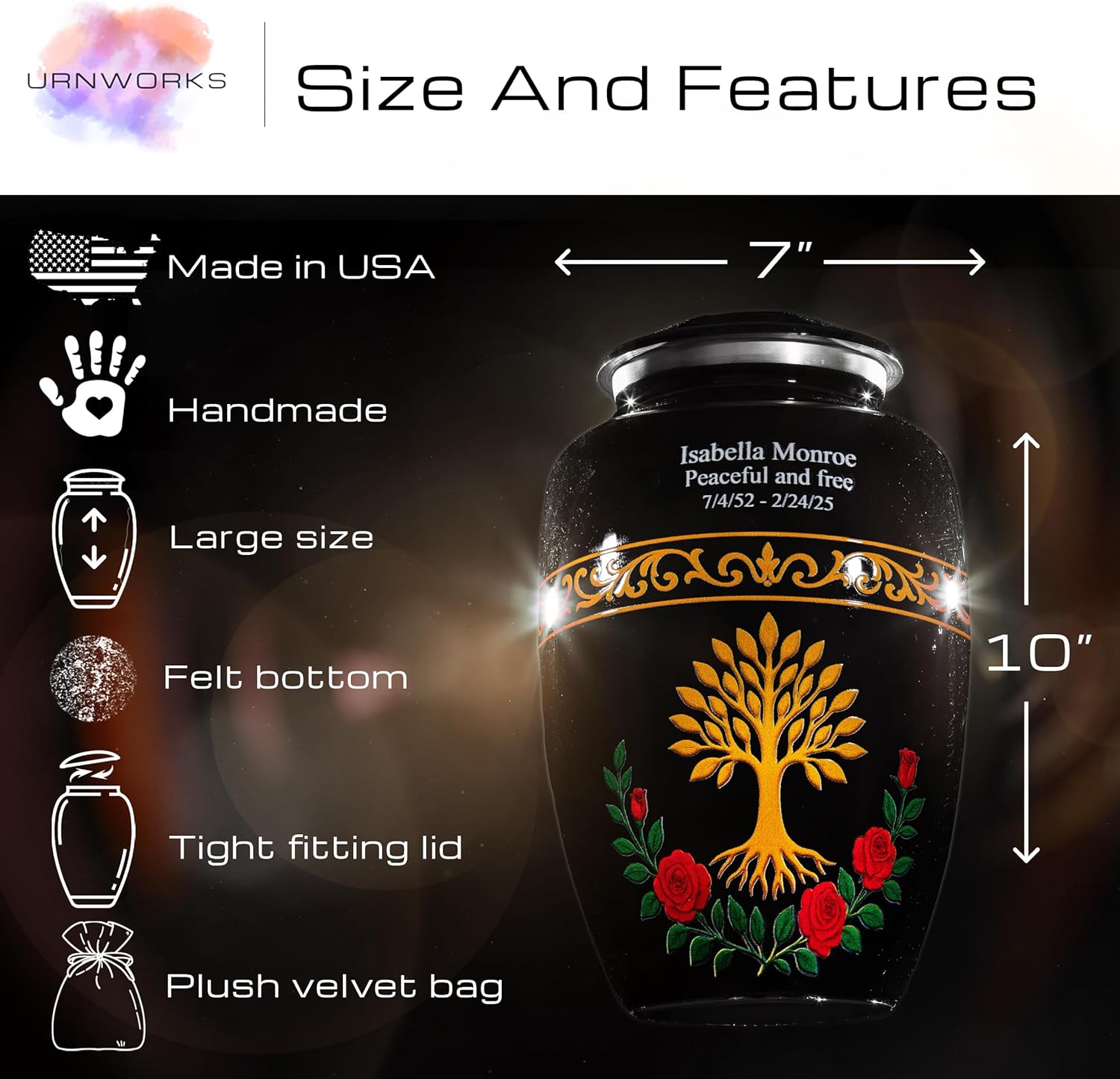 Tree of Life Cremation Urn for Human Ashes – Black & Gold Personalized Memorial Tribute with Name & Dates, Symbolic Funeral Keepsake, Made in USA (Large)
