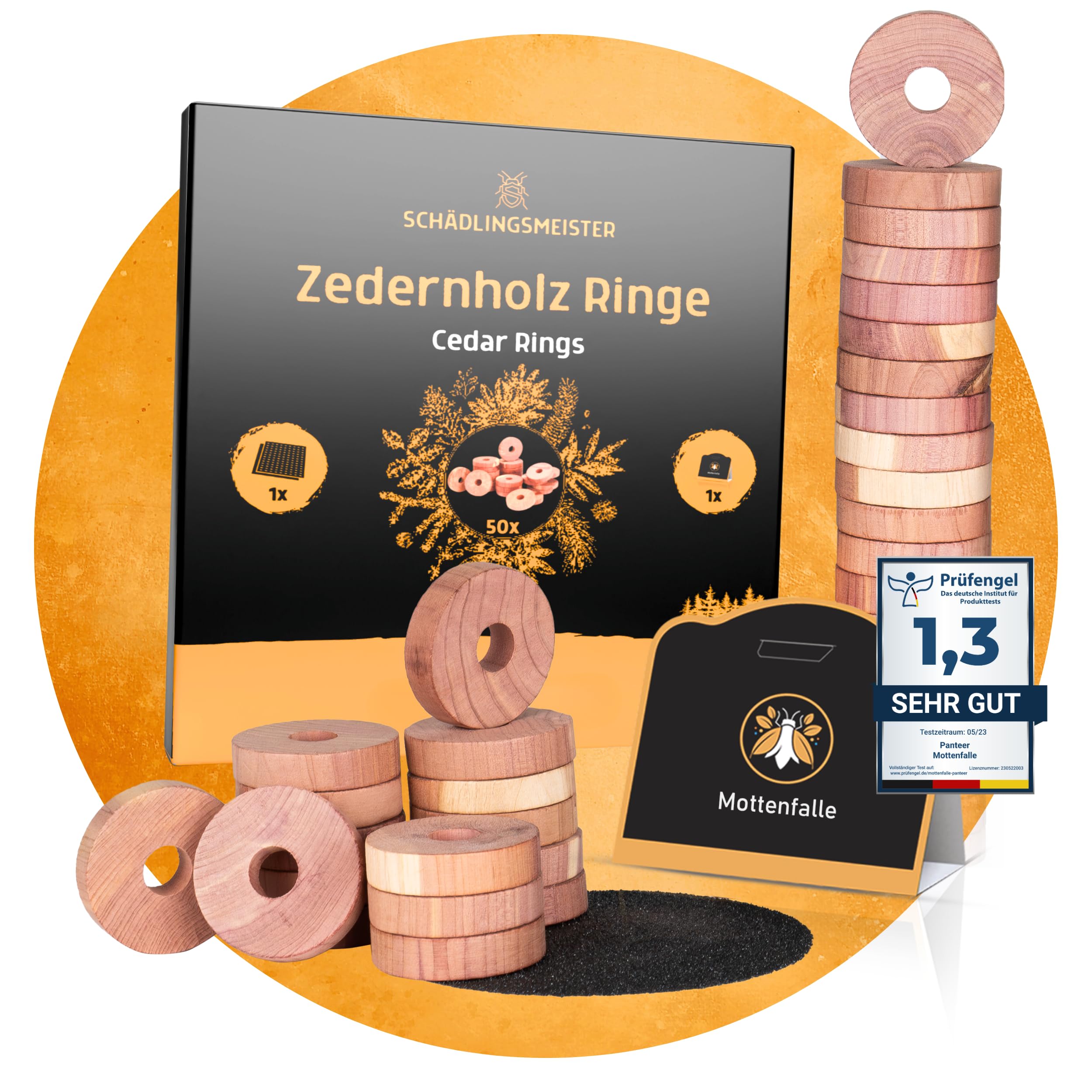 Panteer SCHÄDLINGSMEISTER Zedernholz Ringe - 50 Stück + 1 Mottenfalle Kleidermotten - Zedernholz Mottenschutz für Kleiderschrank - Kleidermottenfalle - Gegen Motten - Kleidermotten bekämpfen