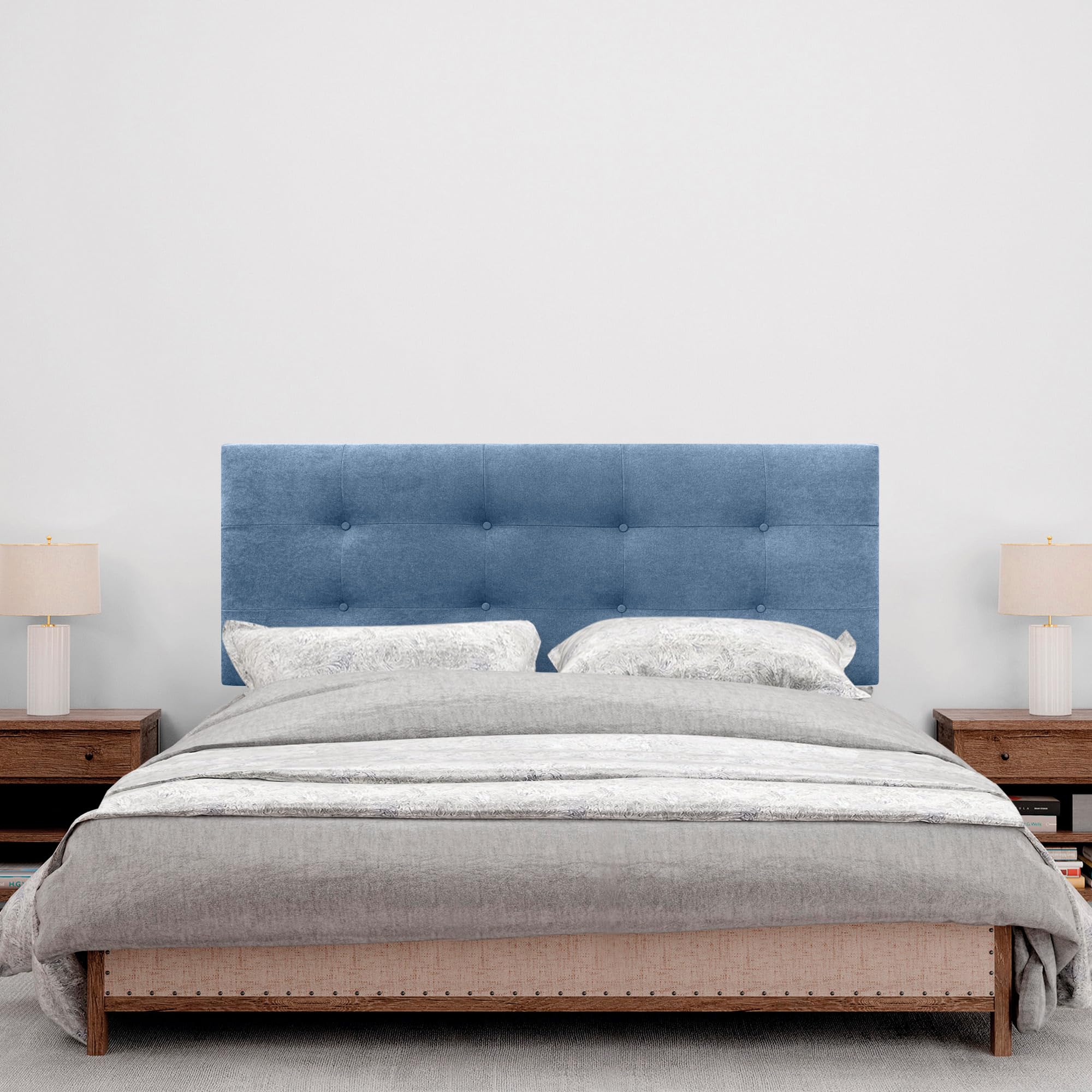 DHOME Kopfteil Capitone gepolstert Kunstleder oder Stoff Acualine mit Kiefer Holzbeine 8cm dick Bett Kopfteile gepolstert gesteppt Capitone Bett Kopfteile (Stoff Blau, 135 (120/135))