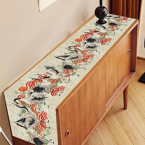 Miniatura 3 de Camino de mesa japonés, retro, tradicional, vintage, grúa, nubes, asiático, oriental, ondas, plantas, naturaleza, camino de mesa para el hogar,