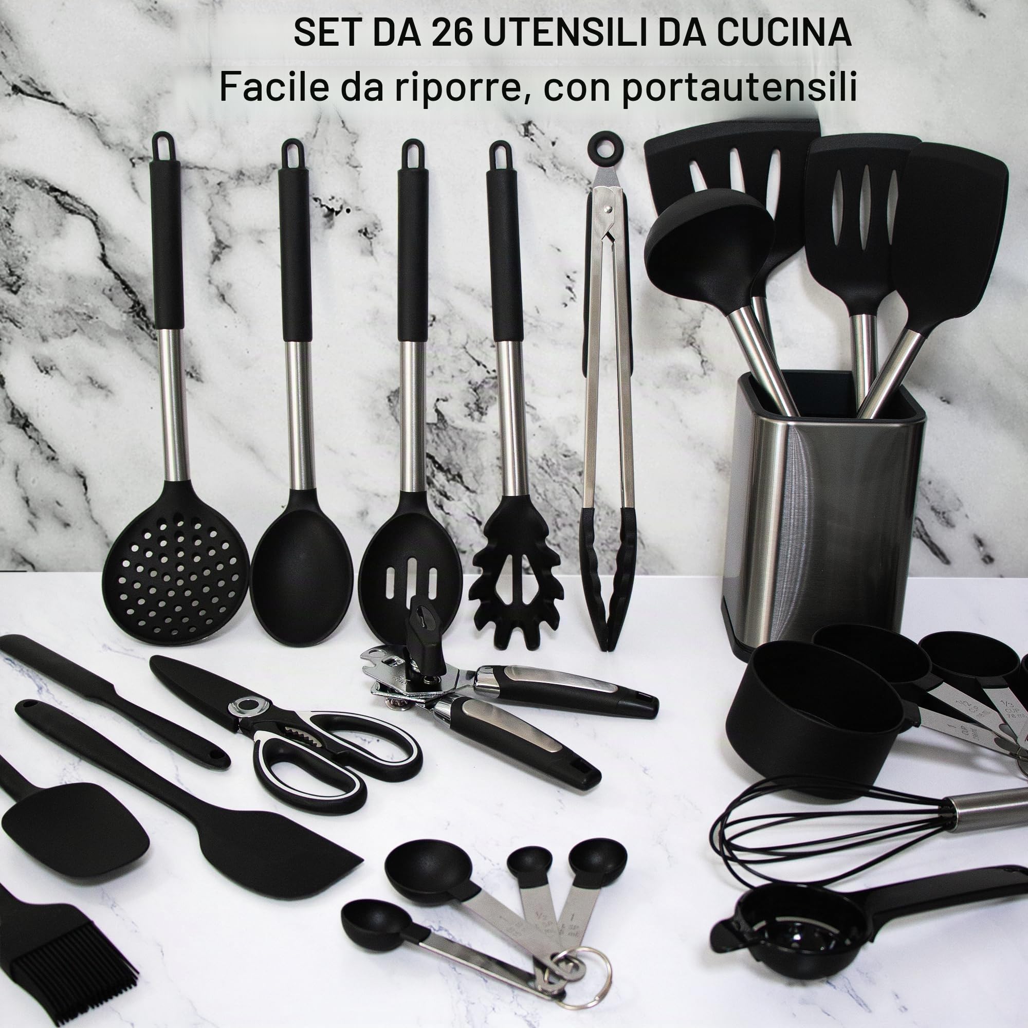 Set di 26 utensili da cucina in silicone con supporto, resistenti al calore, spatole antiaderenti, spatola divisa, pinza girevole