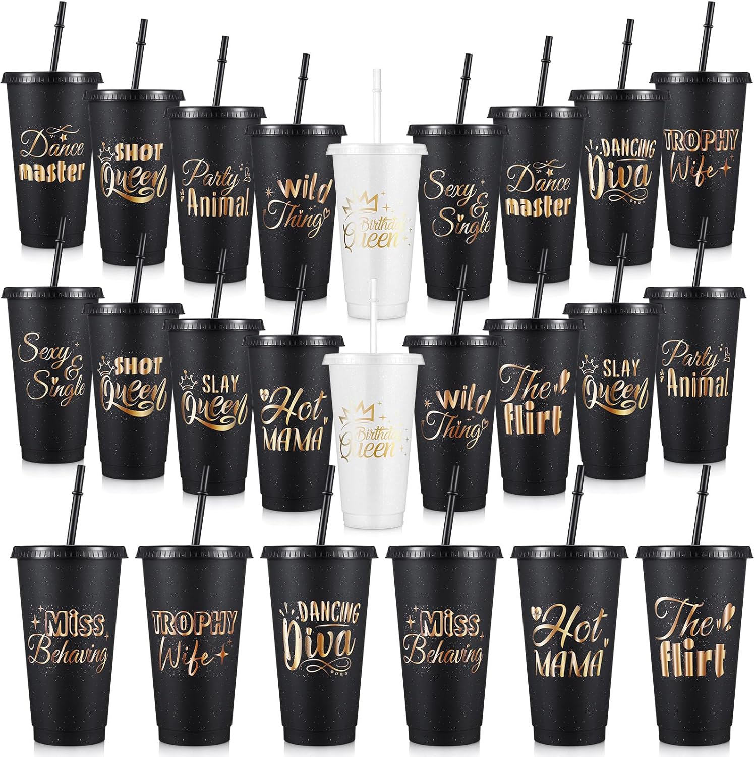 Baderke 12 Pcs Birthday Party Glitter Tumblers 24 oz Squad Plastic Tumblers with Lid and Straw for 20th 30th 40th 50th 60th Birthday Decorations Favor for Women Adults(Black)