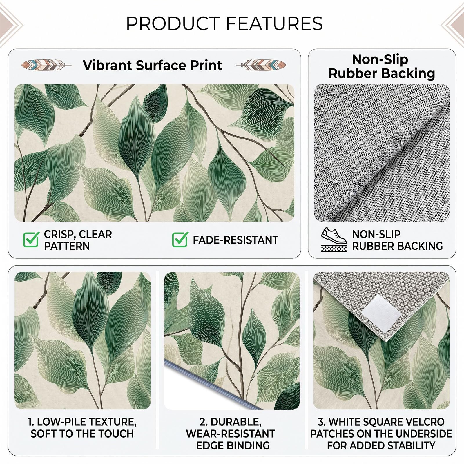 Générique Botanique Tapis, 160 x 230 cm, Branche Feuille Sauge Verte Décoration Moquette avable Salle de Tapis, Pliable Doux Réduire Bruit Lancer Moquette pour Chambre à Coucher