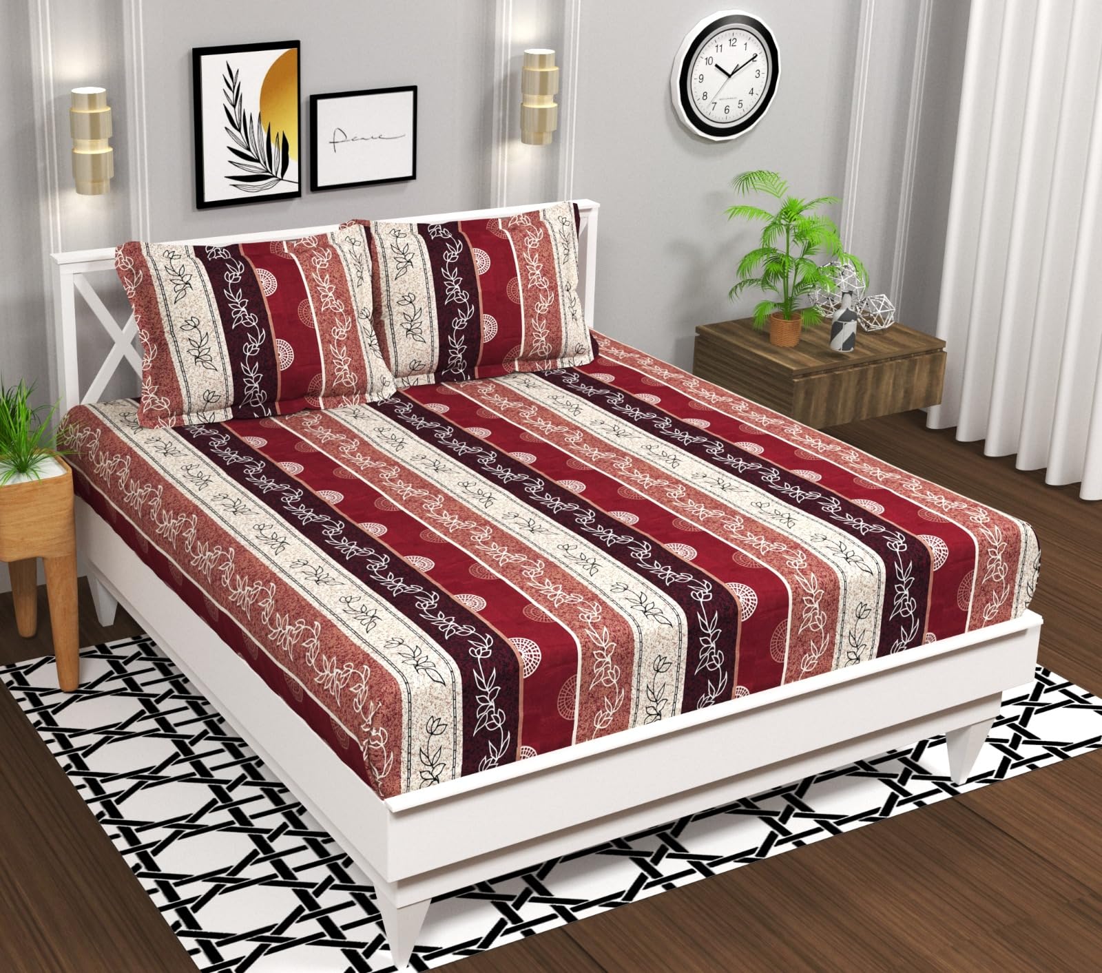 BSB HOME Cotton 144tc Summer Bed Sheet Topsheet Soft Breathable Wrinklefree Floral Printed Double Bedsheets with 2 Pillow Covers, Pattren: Abstract, Color: Multicolour, White & Maroon