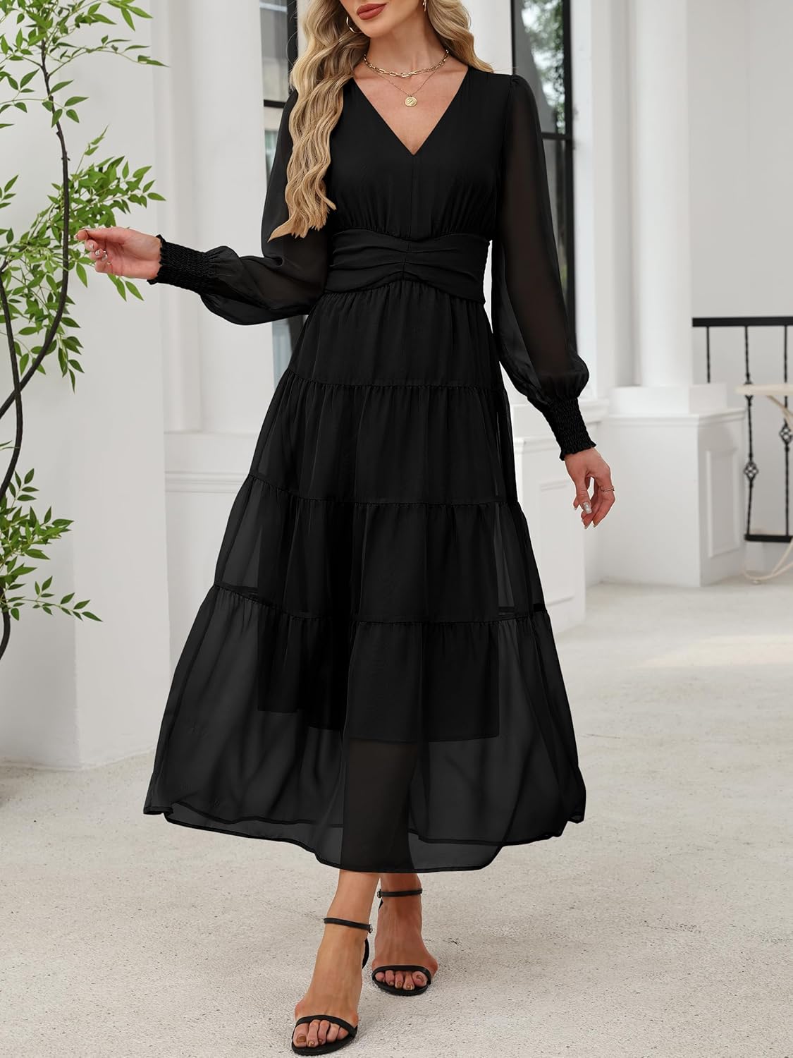 ANRABESS Womens Floral Long Sleeve Maxi Dress V Neck Chiffon Flowy Boho A-Line 2026 Spring Wedding Guest Party Wrap Dresses - Image 4