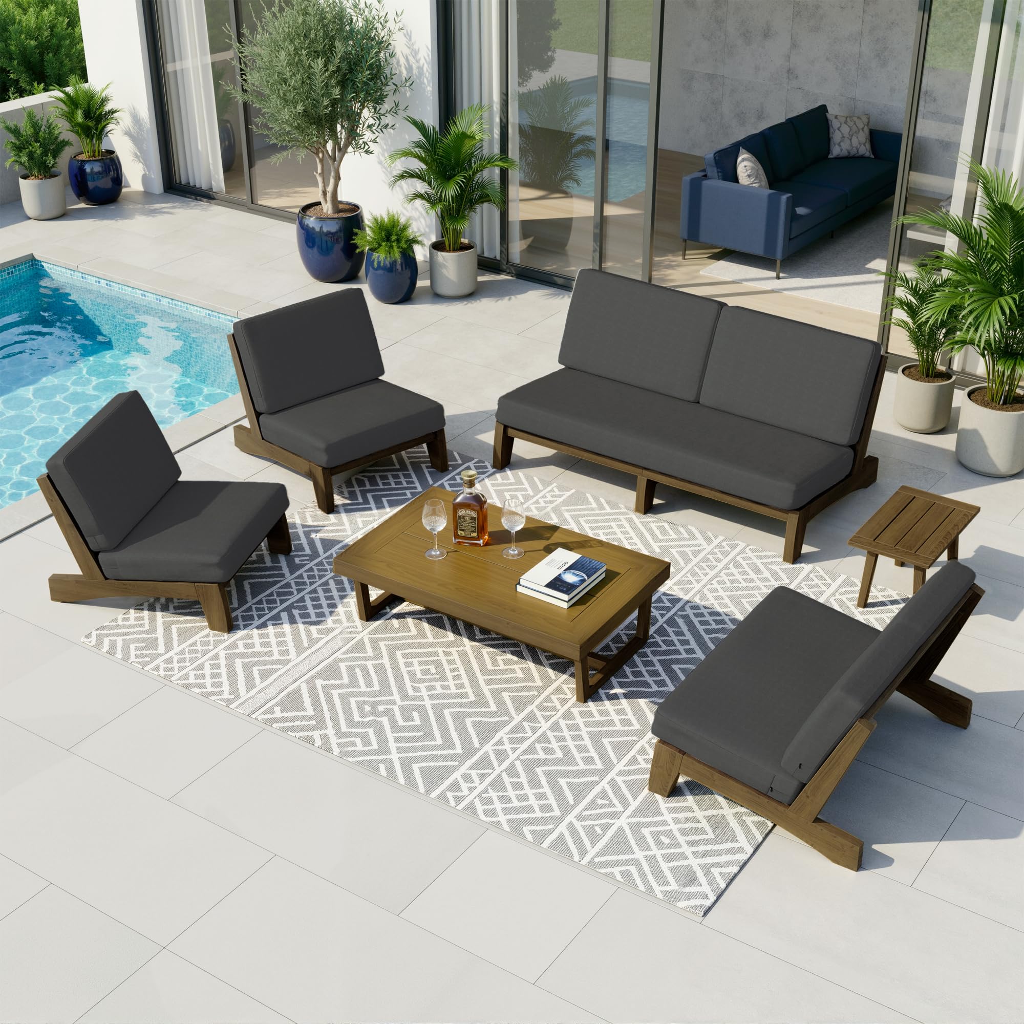 Pia Ricoo 6-Piece Patio Furniture Set, Outdoor Sofa with Loveseat, 2 Chairs, Coffee Table &amp; Side Table, All-Weather Conversation Set for Backyard/Deck/Lawn - Dark Gray