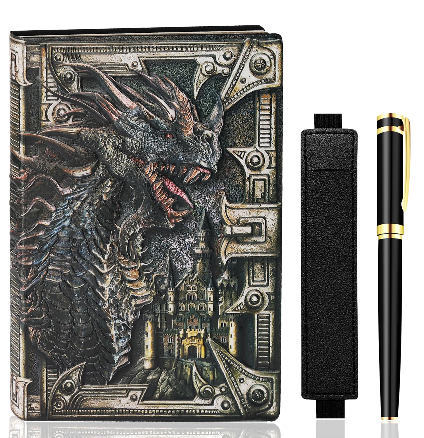 LISGO Vintage Dragon Embossed Leather DND Notebook Travel Journal with Ballpoint Pen and Pen Sleeve Antique Handmade A5 Journal