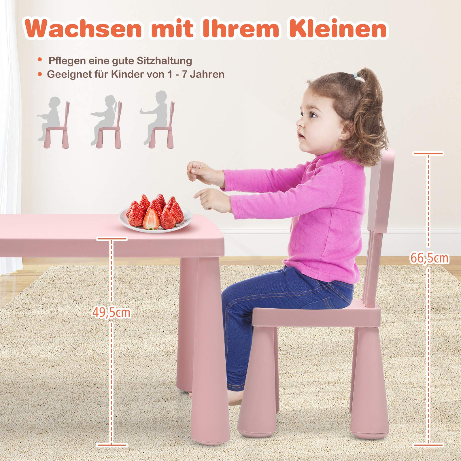 COSTWAY Conjunto de Asientos Infantiles de 3 Piezas, Mesa para niños, 2 sillas, Muebles Infantiles de plástico, Mantel Individual Infantil para jardín de Infantes y guardería (Rosa)