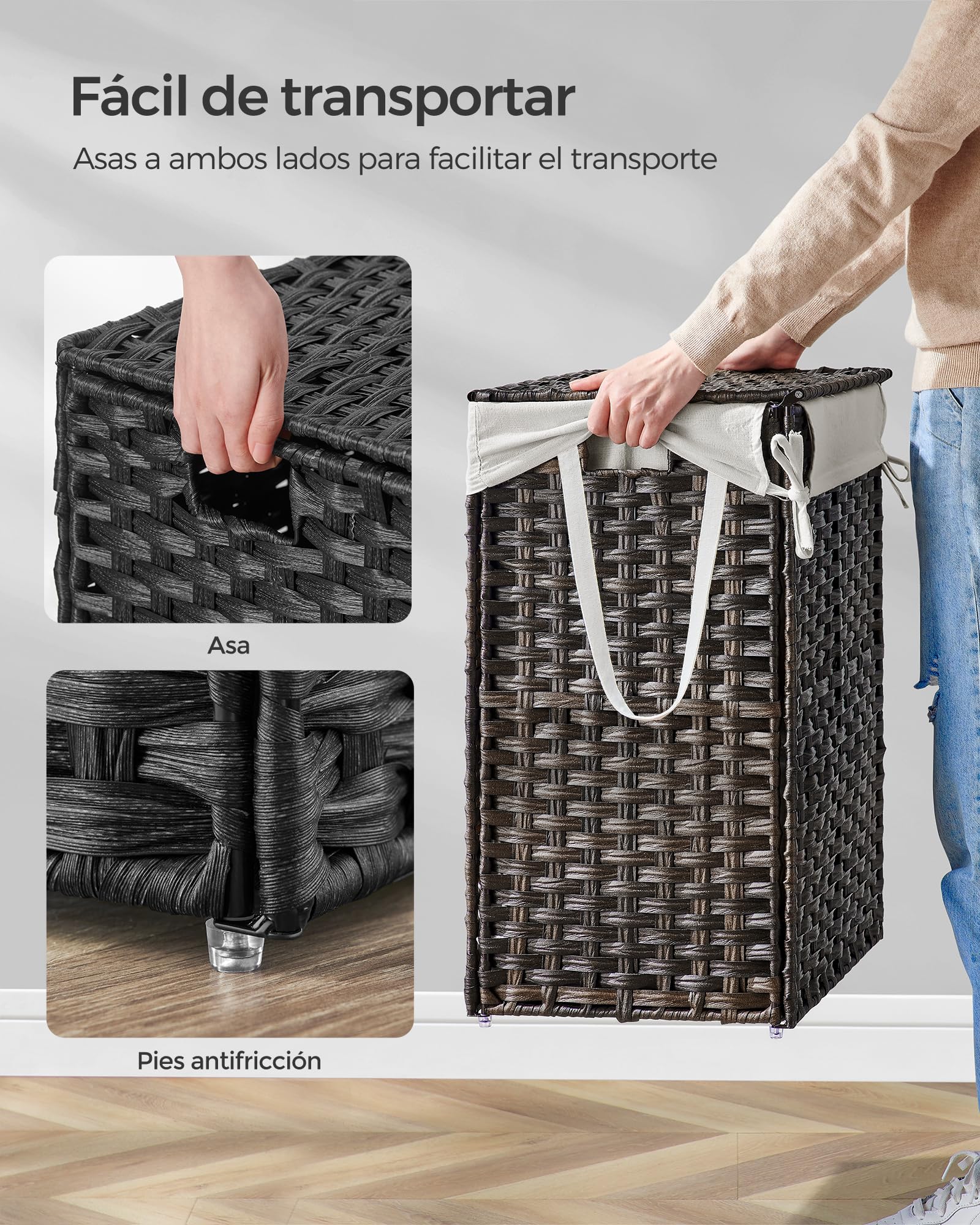 SONGMICS Cesta de Almacenamiento, Cesta de Lavandería de 90 L con Tapa, Plegable, Bolsas de Tela Extraíbles y Asas, para Mantas, Ropa, Salón, Dormitorio, Lavadería, Marrón LCB051K02