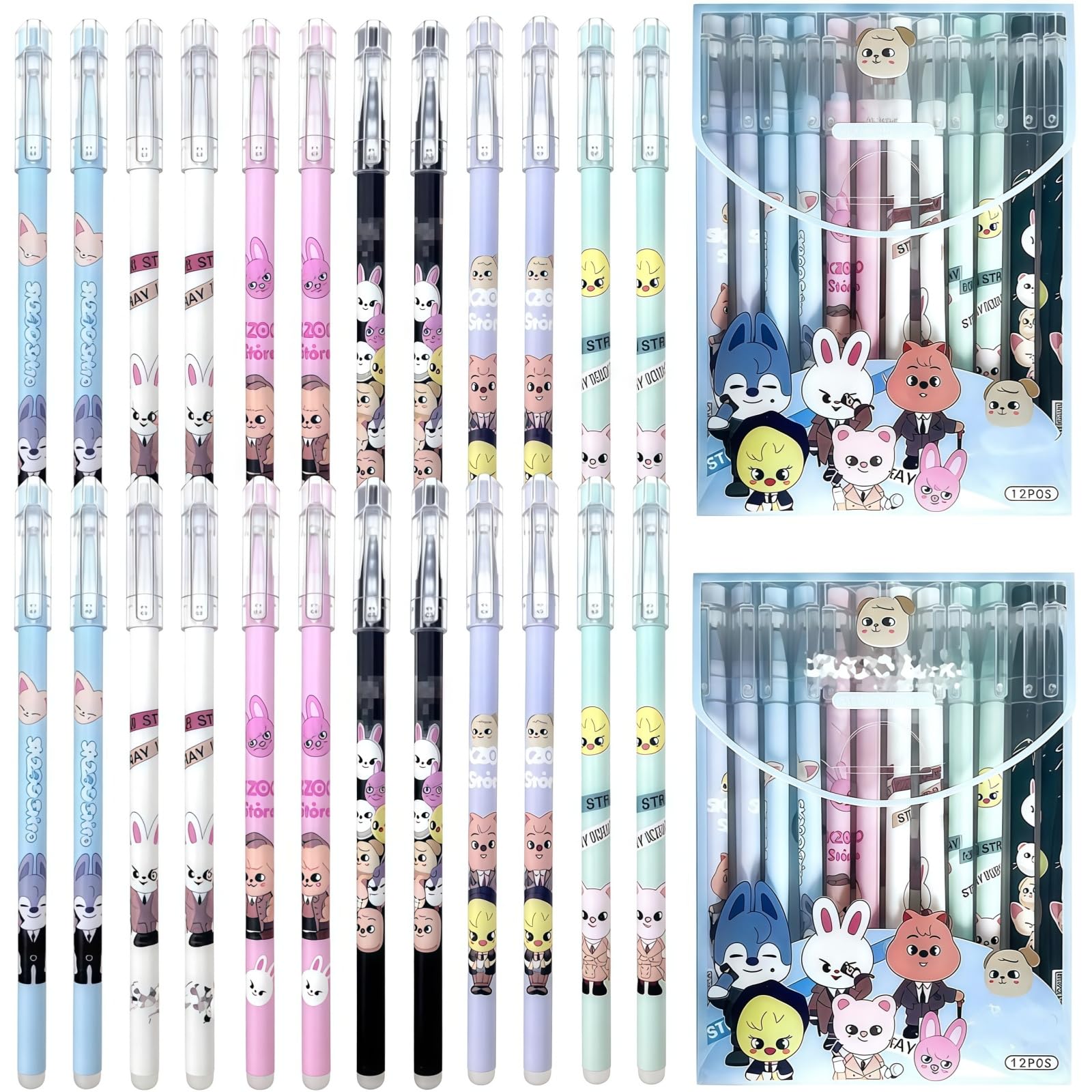 Stay Kids Pen, 24 Pcs Black/Blue 0.5Mm Roller Ball Cute Gel Ink Pens, Kpop Gel Pencils, Kpop Stationery Set, Skzoo Neutral Pen for Birthday Gift, Student Supplies