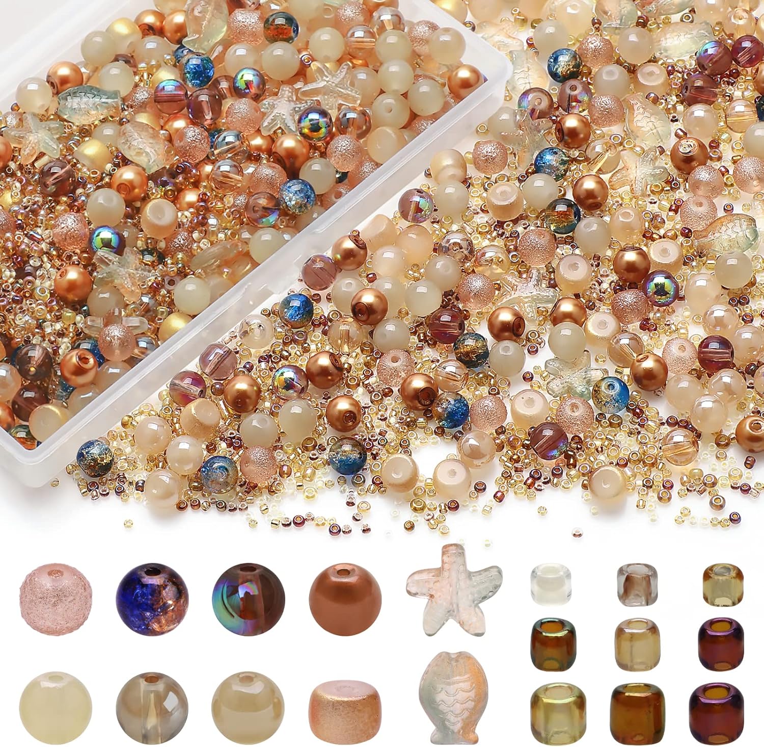Rired 27 760pcs Mixed Glass Beads for Jewelry Making, 8MM Brown Assorted Round Beads, Bracelet Making Kit Including Ocean Starfish Crystal Beads and Seed Beads