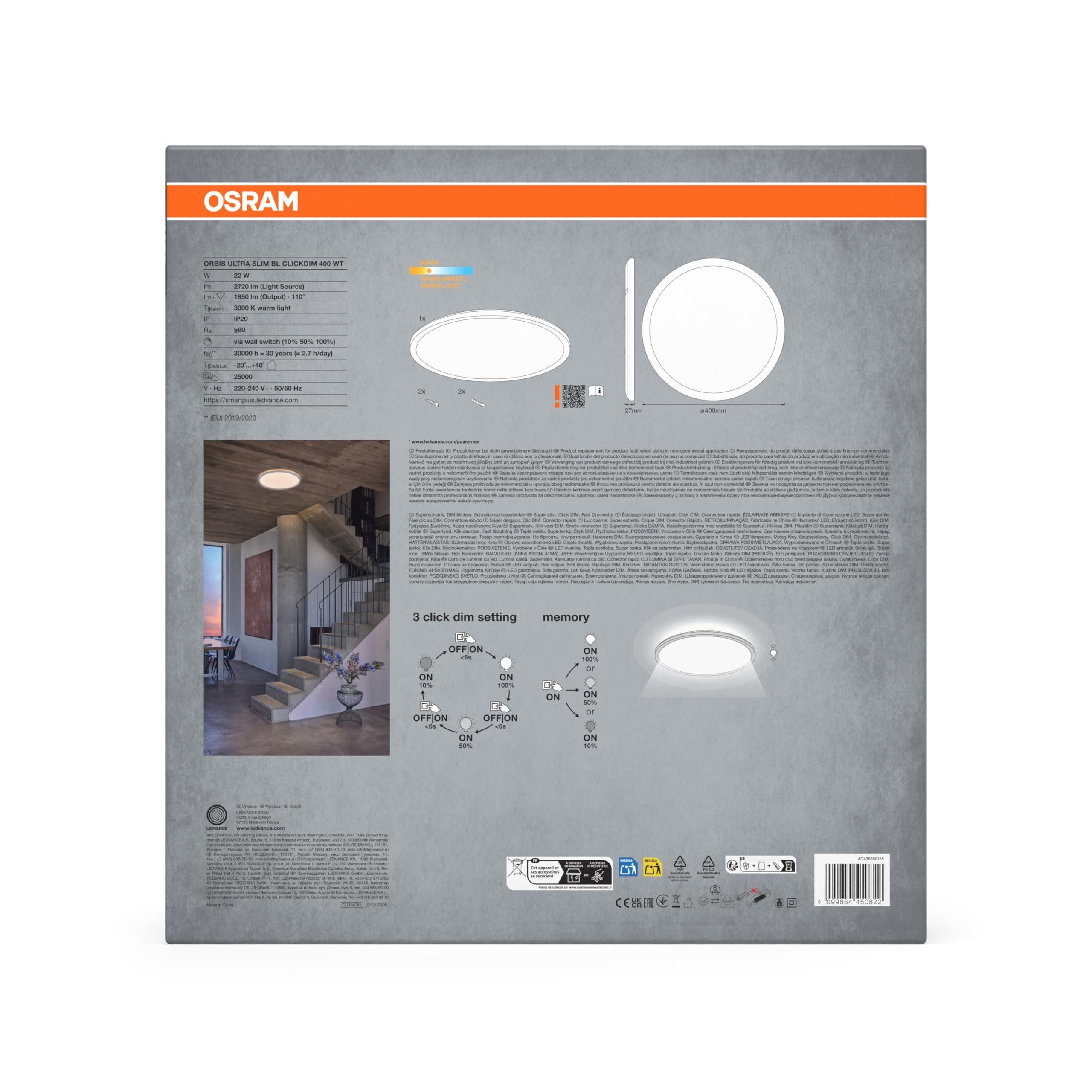 OSRAM Plafón ORBIS ClickDim 400mm, regulable, blanco | Orbis Ultra Slim Backlight, Indoor Wall Lighting, blanco, 400 mm dia, 50000 h, Paquete de 1
