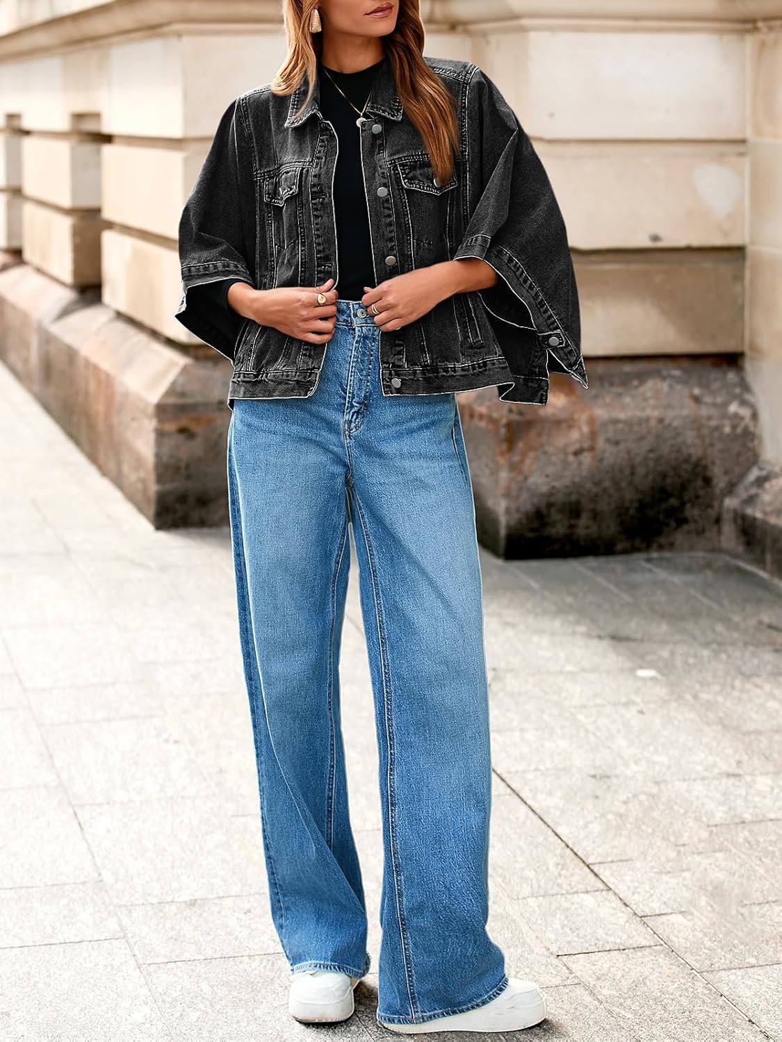 Tankaneo Womens Jean Jacket Oversized Cropped Short Sleeve Cotton Denim Jacket Fall Trendy Cape Outerwear with Pockets - Image 4