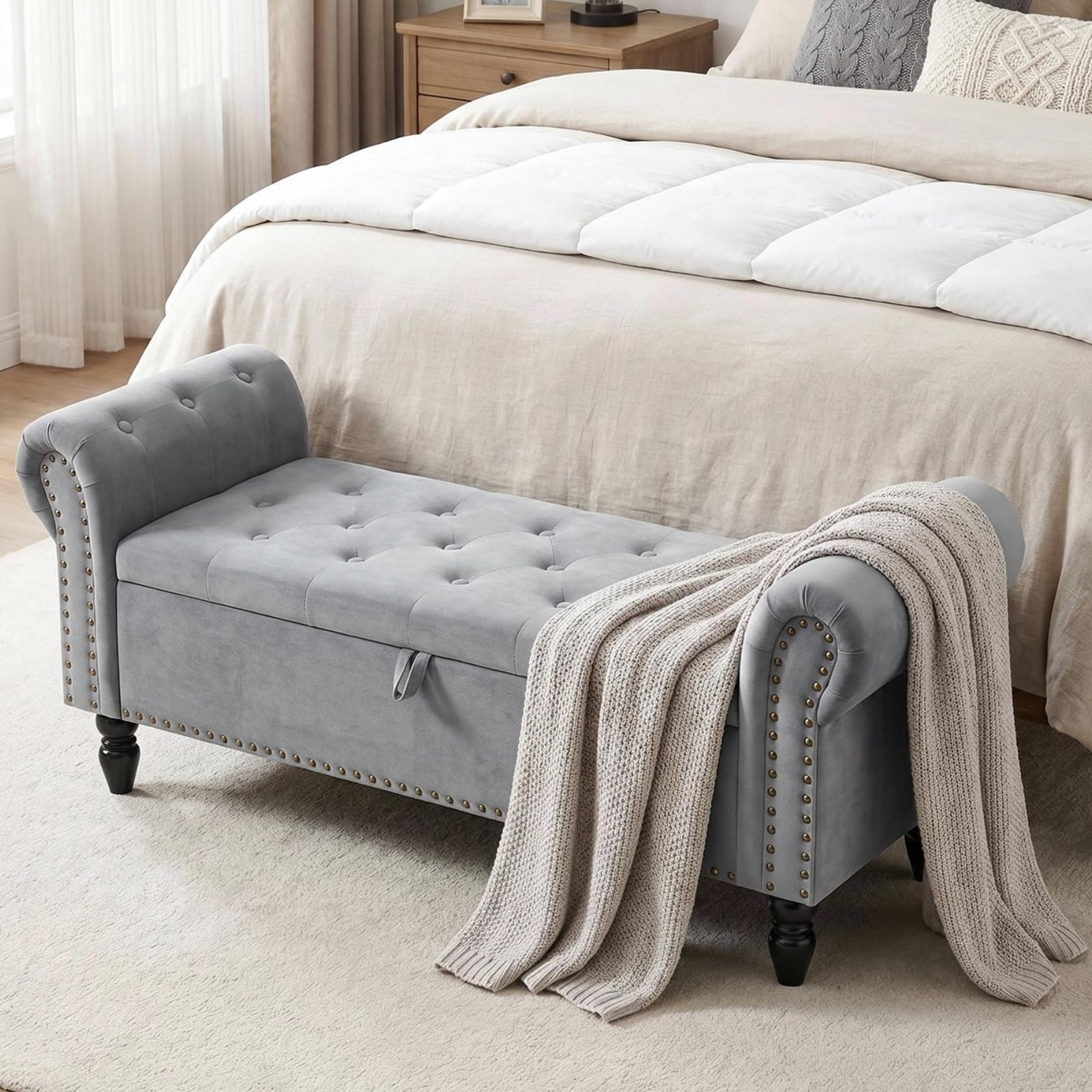 Clevich Banco con Almacenaje 133cm, Terciopelo Baul Almacenaje Dormitorio con Varilla de Elevación, Estilo de Francés, Extremo de la Cama con Tapa, Patas de Madera Maciza (Gris Claro)