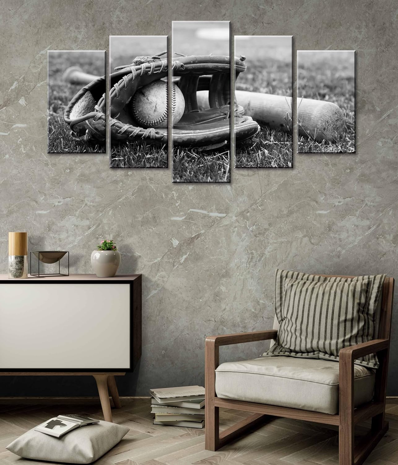 Baseball Decor Sports Wall Art Black and White Man Cave Sport Decoration Themed Posters for Mens Bedroom Boys Room Vintage Lawn Ball Glove Pictures Canvas Prints Home Artwork Framed 40" W x 22" H - Image 6