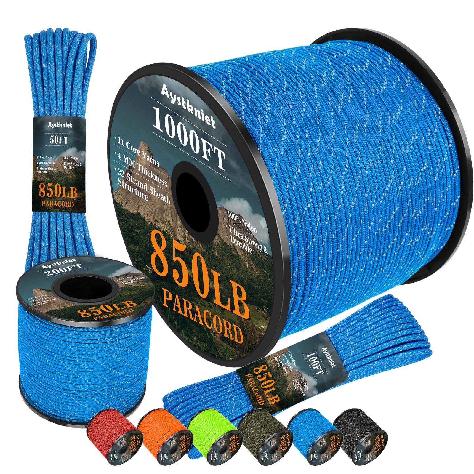 Aystkniet Reflective Paracord 850Ib, 4MM Rope, 11 Strands Outdoor Para Cord, Utility Parachute Cord Tactical Cord for Camping Hiking Survival Crafting DIY, 15M Blue