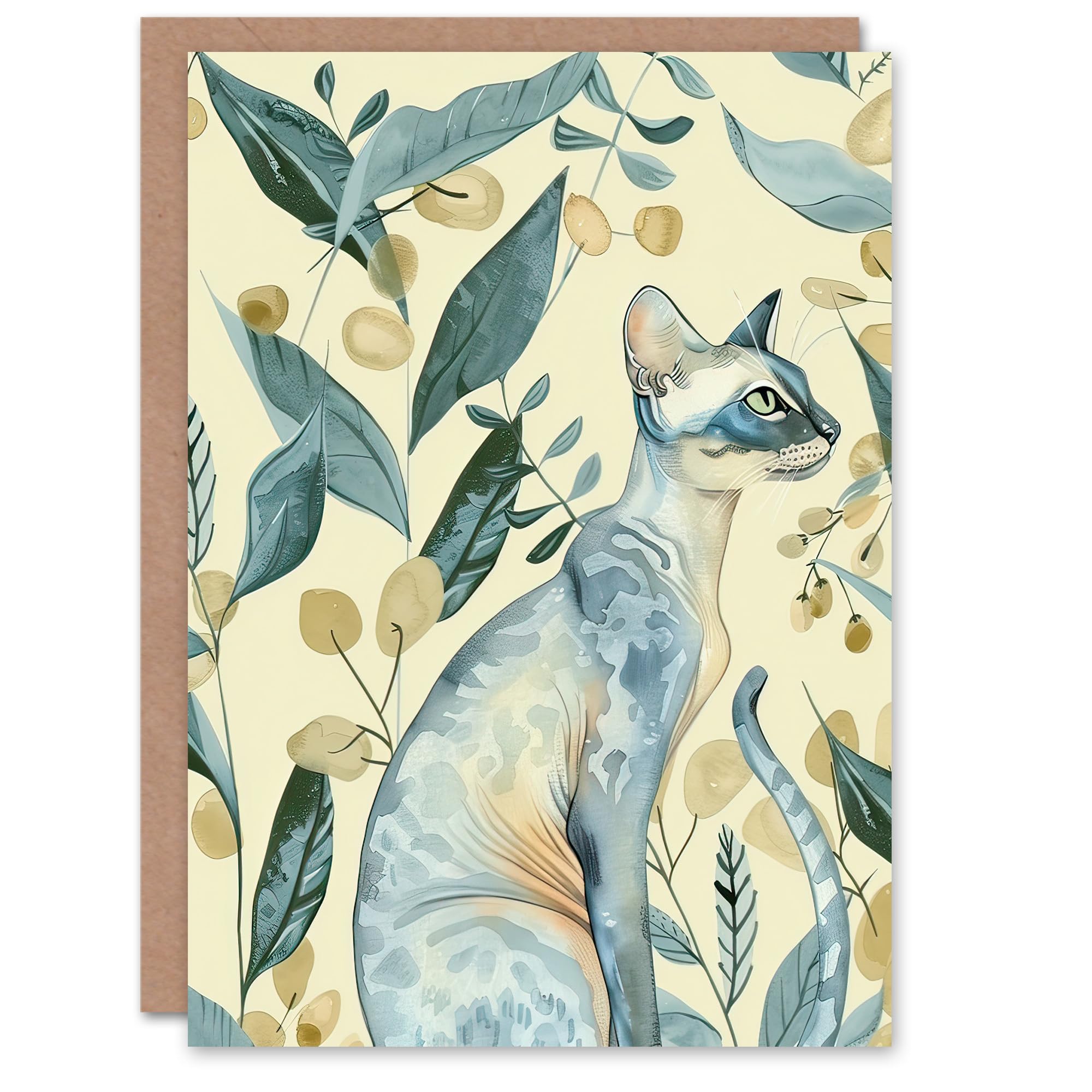 Artery8 Greeting Card Cat Lover Teal Tan Oriental Shorthair Portrait Blank For Him Or Her Art Birthday Card
