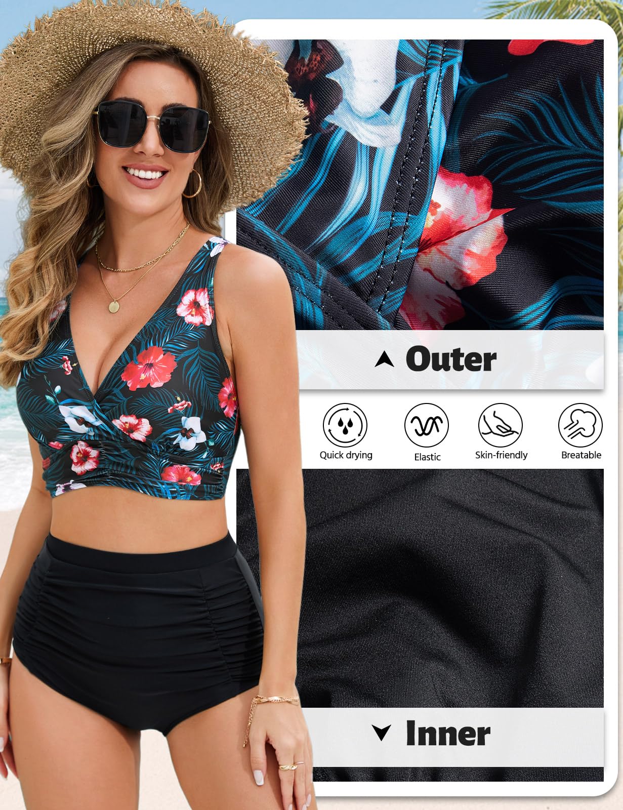 Voqeen Femme Maillots de Bain Deux Pièces Push-up Ensembles Taille Haute Bikini Set Froncé avec Contrôle du Ventre Col V Élégant