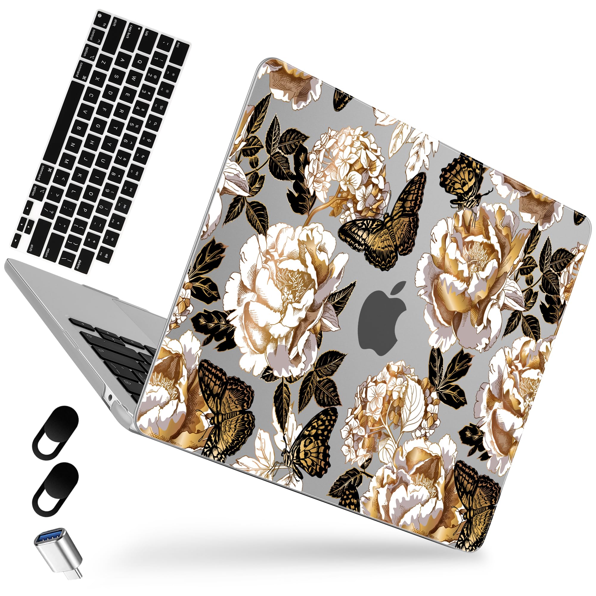 MEEgoodo for MacBook Air 15 inch Case (M4/M3/M2) 2025 2024 2023, Cover Fit Model(A3241/A3114/A2941) for 15.3-inch Laptop, Flexible Shell with TPU Keyboard & Webcam Cover, Gold Peony & Butterflies