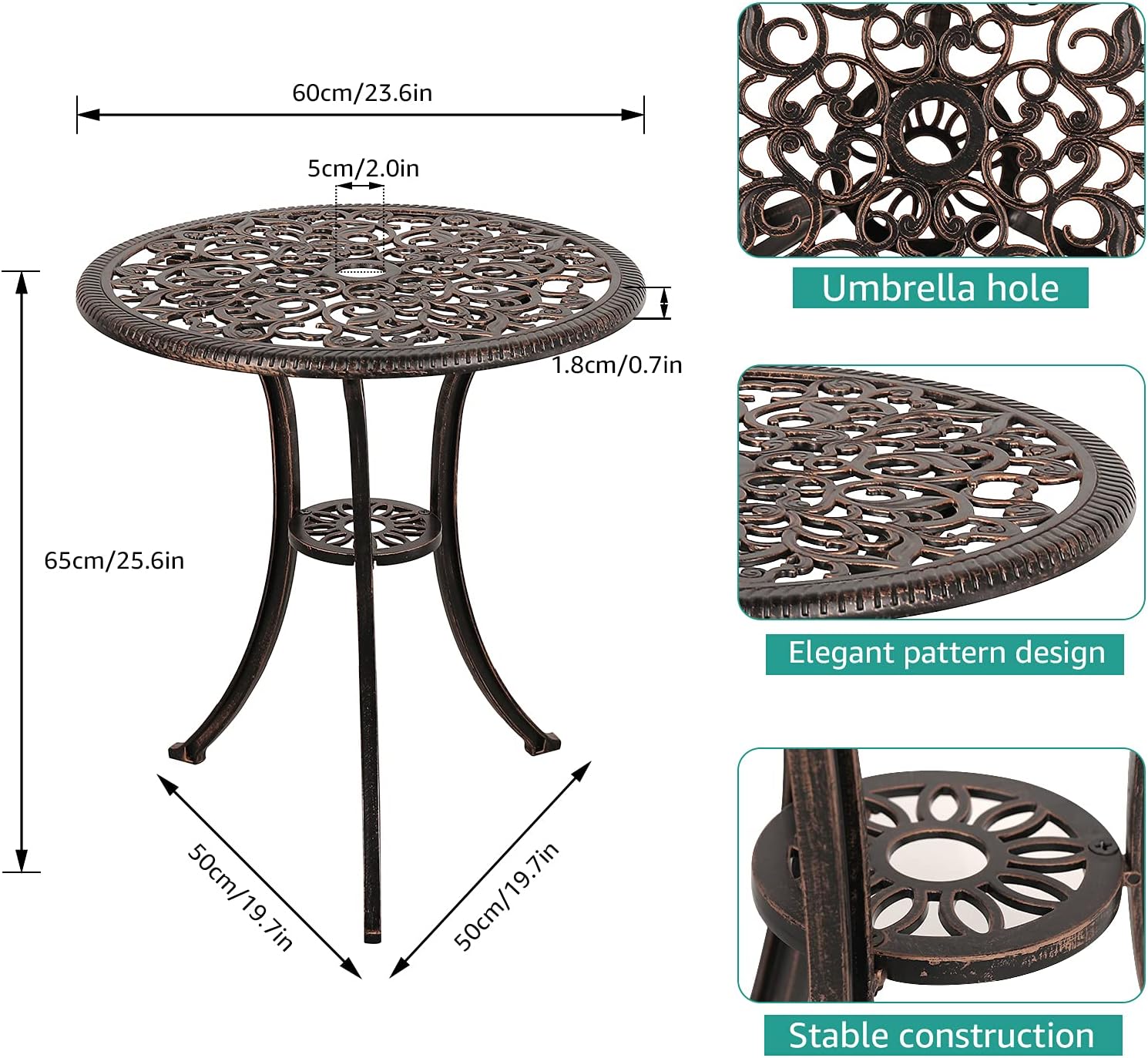 COBANA 3 Piece Outdoor Bistro Set, All Weather Cast Aluminum Patio Dining Retro Table and Chairs with 2’’ Umbrella Hole, Bronze