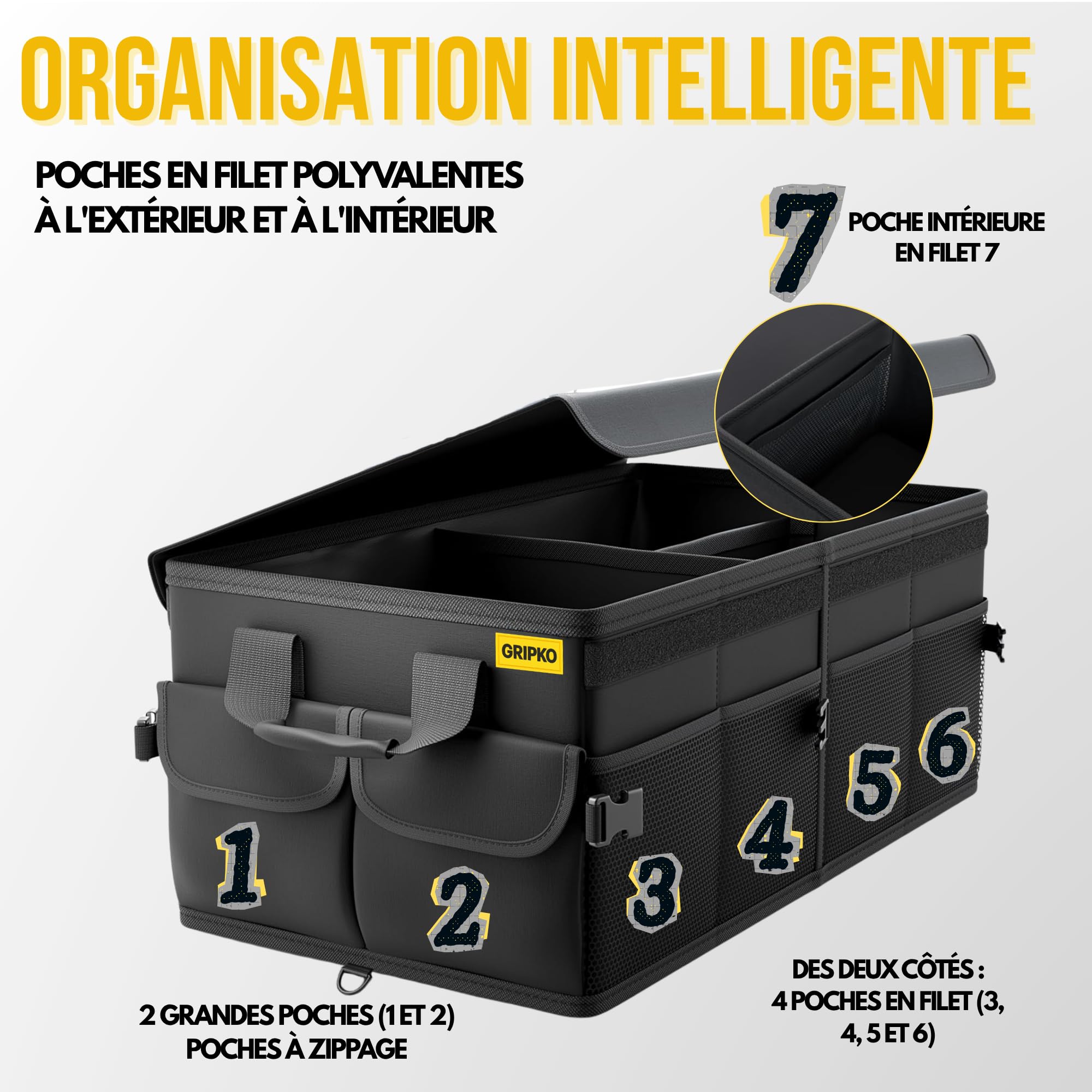 Rangement coffre de voiture 50L Organisateur coffre voiture pliable, base antidérapante et parois renforcées - Accessoires auto utiles pour voyages, camping et usage quotidien