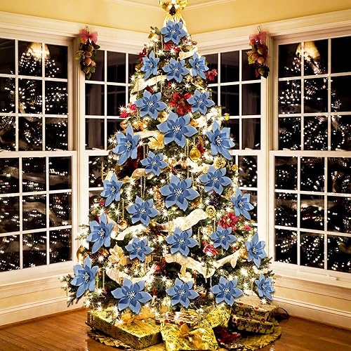 Miniatura 88 de 36 piezas de 3 tamaños de flores artificiales de Navidad con purpurina de Navidad para decoración de árbol de Navidad, Año Nuevo, decoración