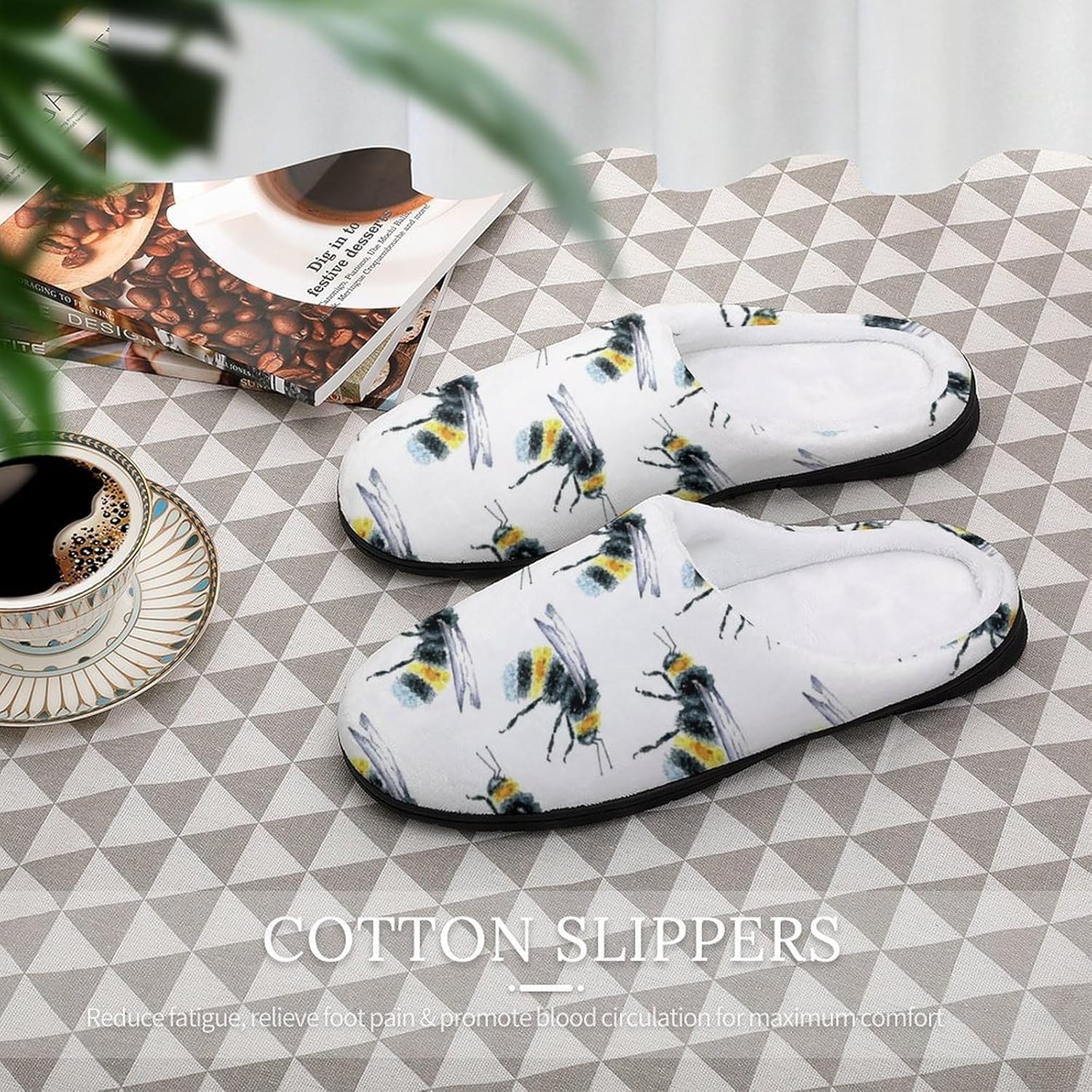 Watercolor Bumblebees Women's House Slippers Memory Foam Warm Shoes Spa Rubber Sole Indoor Outdoor